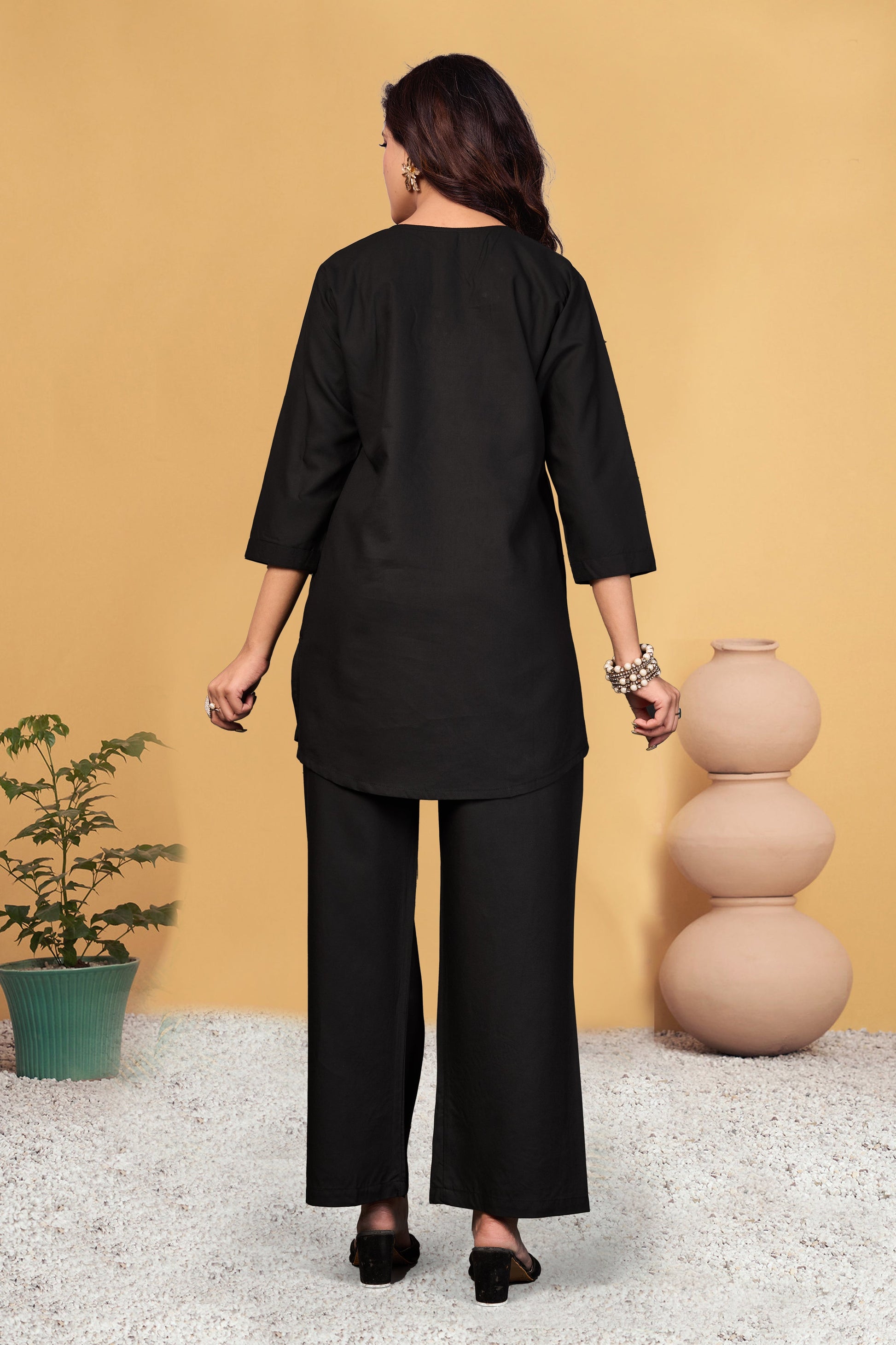 Sonakshi Women's Black Viscose Rayon Embroidered Straight Top & Bottom Set