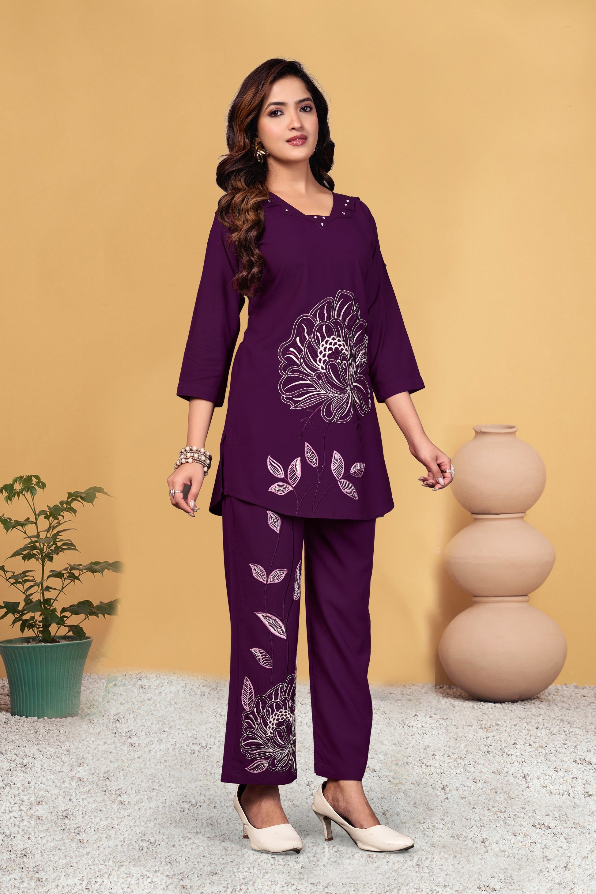Sonakshi Women's Wine Viscose Rayon Embroidered Straight Top & Bottom Set