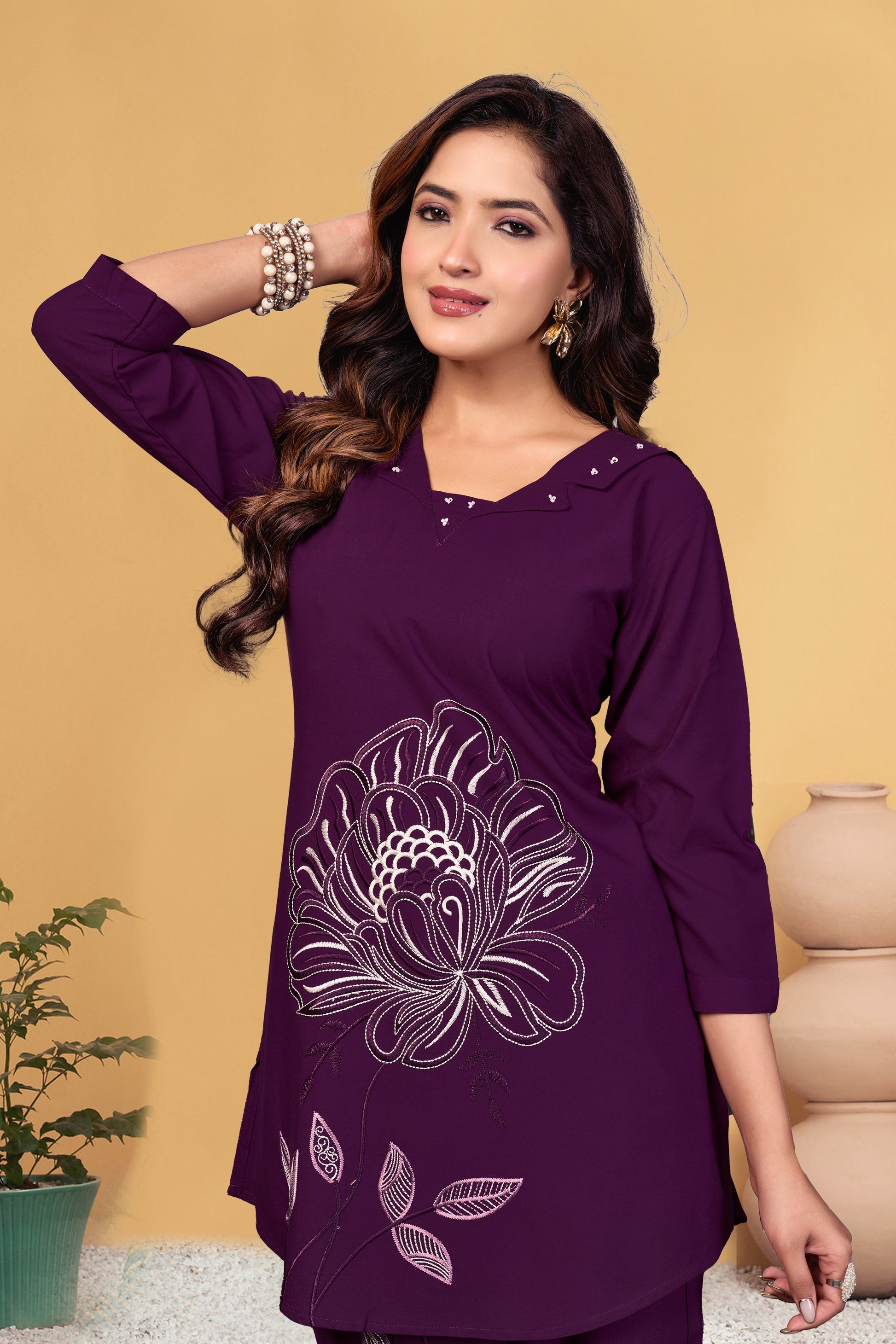 Sonakshi Women's Wine Viscose Rayon Embroidered Straight Top & Bottom Set