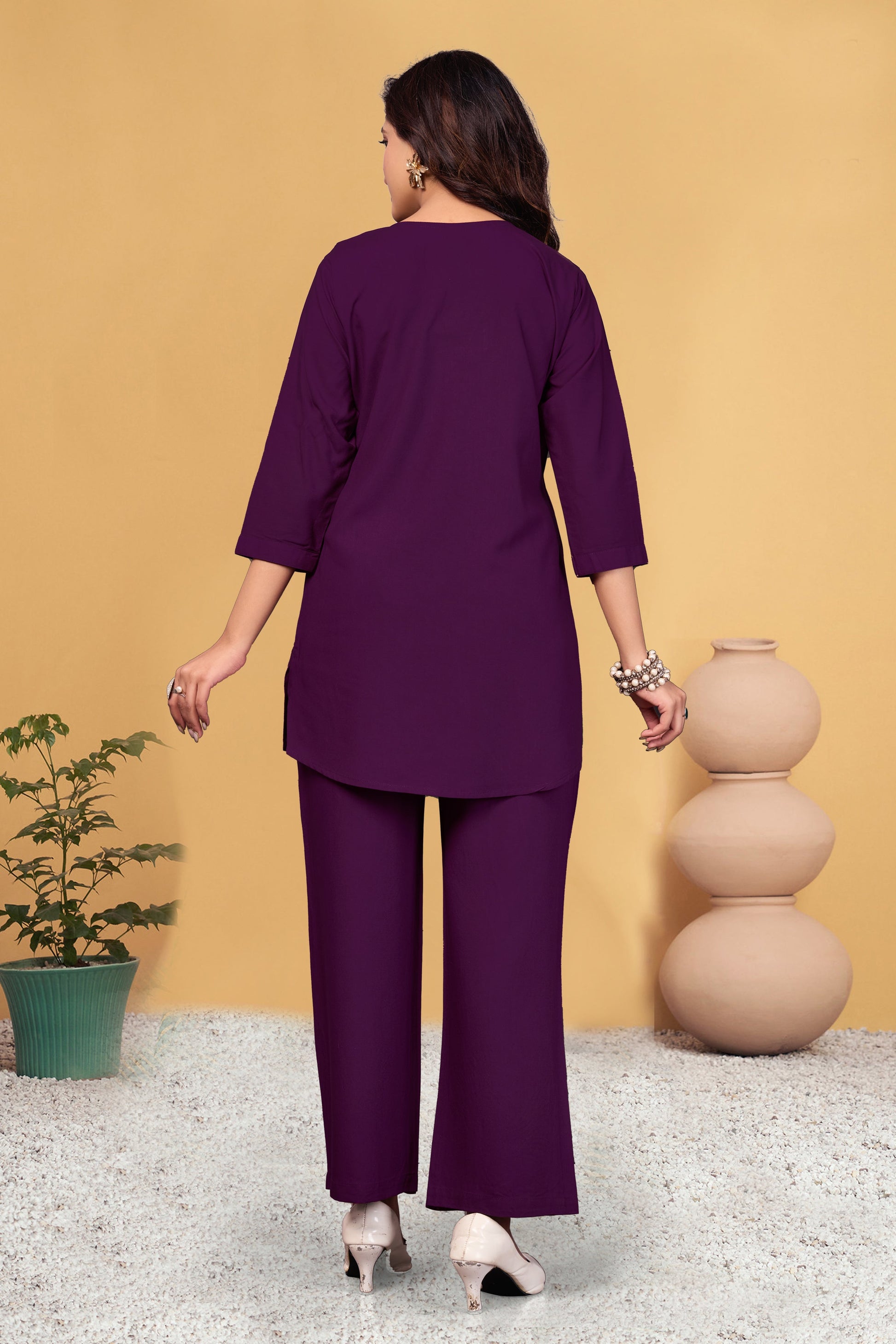 Sonakshi Women's Wine Viscose Rayon Embroidered Straight Top & Bottom Set