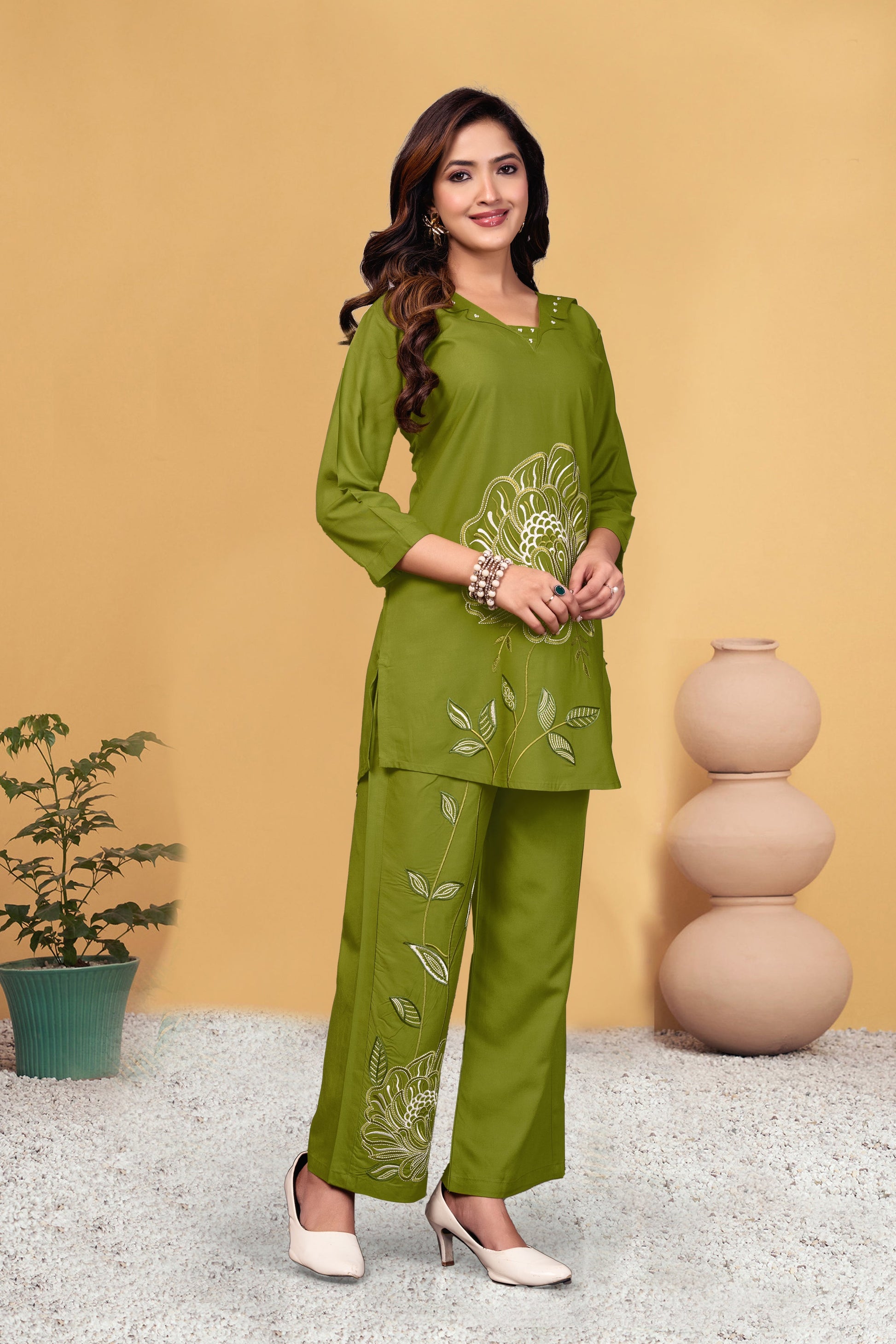 Sonakshi Women's Green Viscose Rayon Embroidered Straight Top & Bottom Set