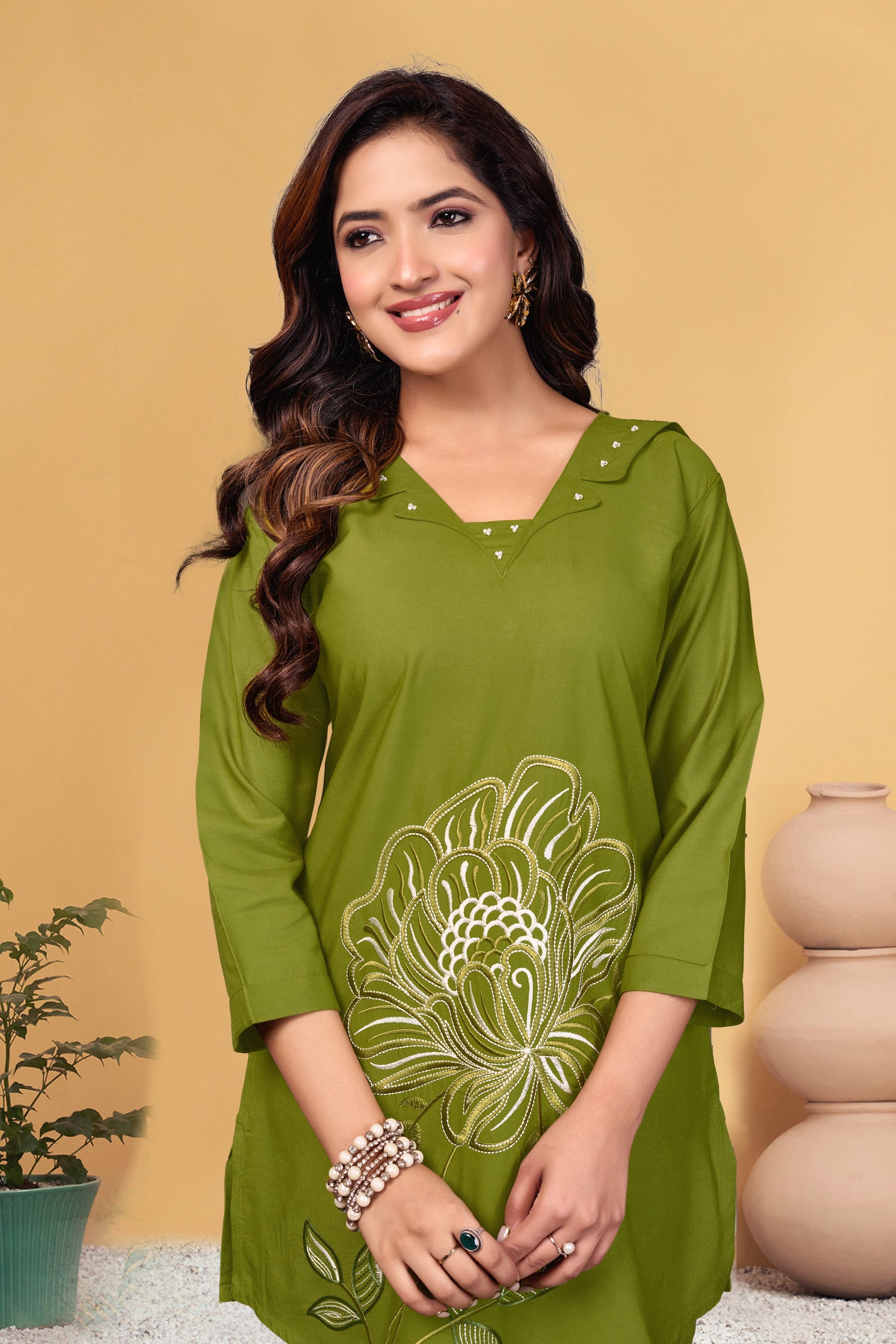Sonakshi Women's Green Viscose Rayon Embroidered Straight Top & Bottom Set