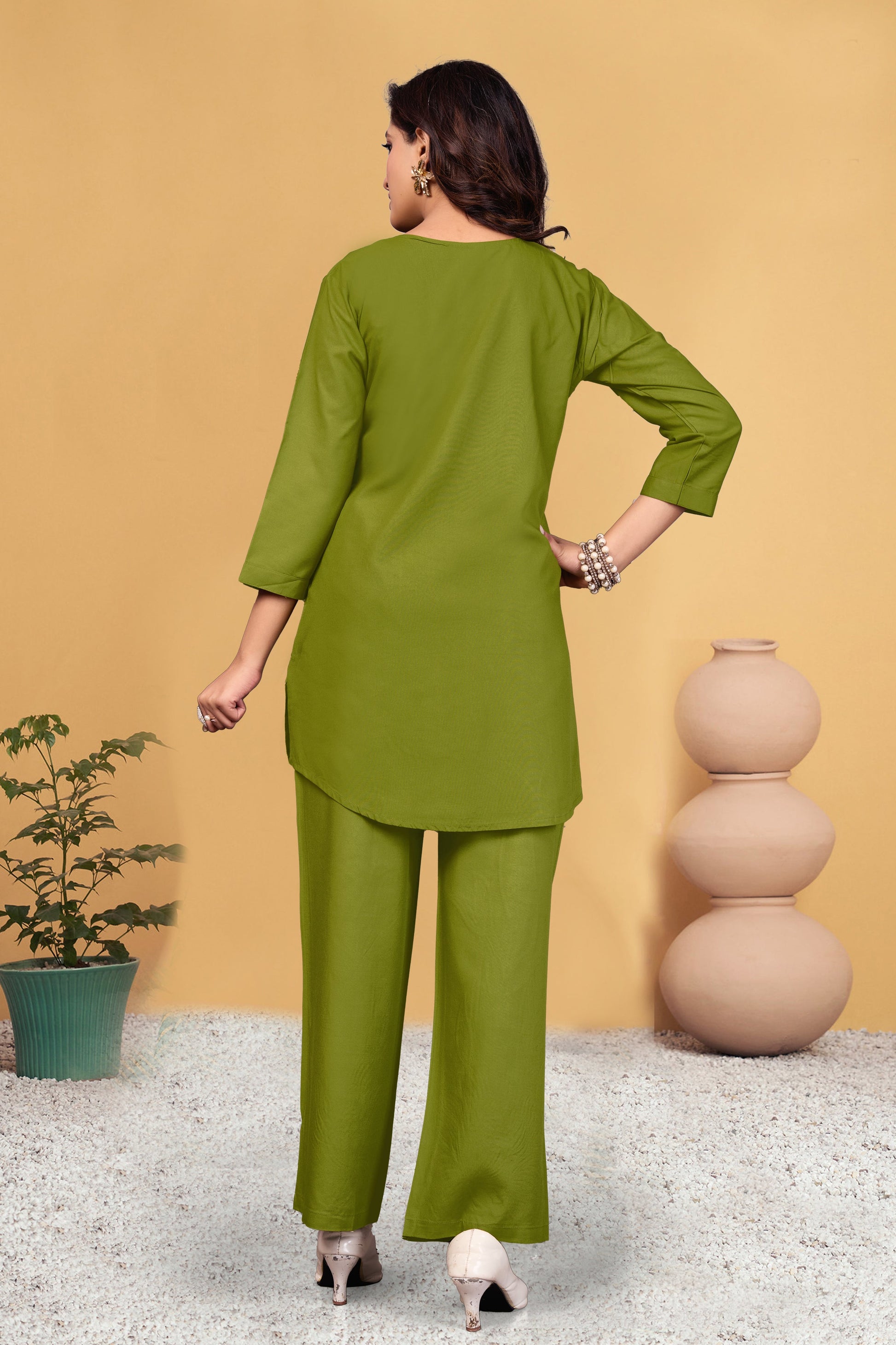 Sonakshi Women's Green Viscose Rayon Embroidered Straight Top & Bottom Set
