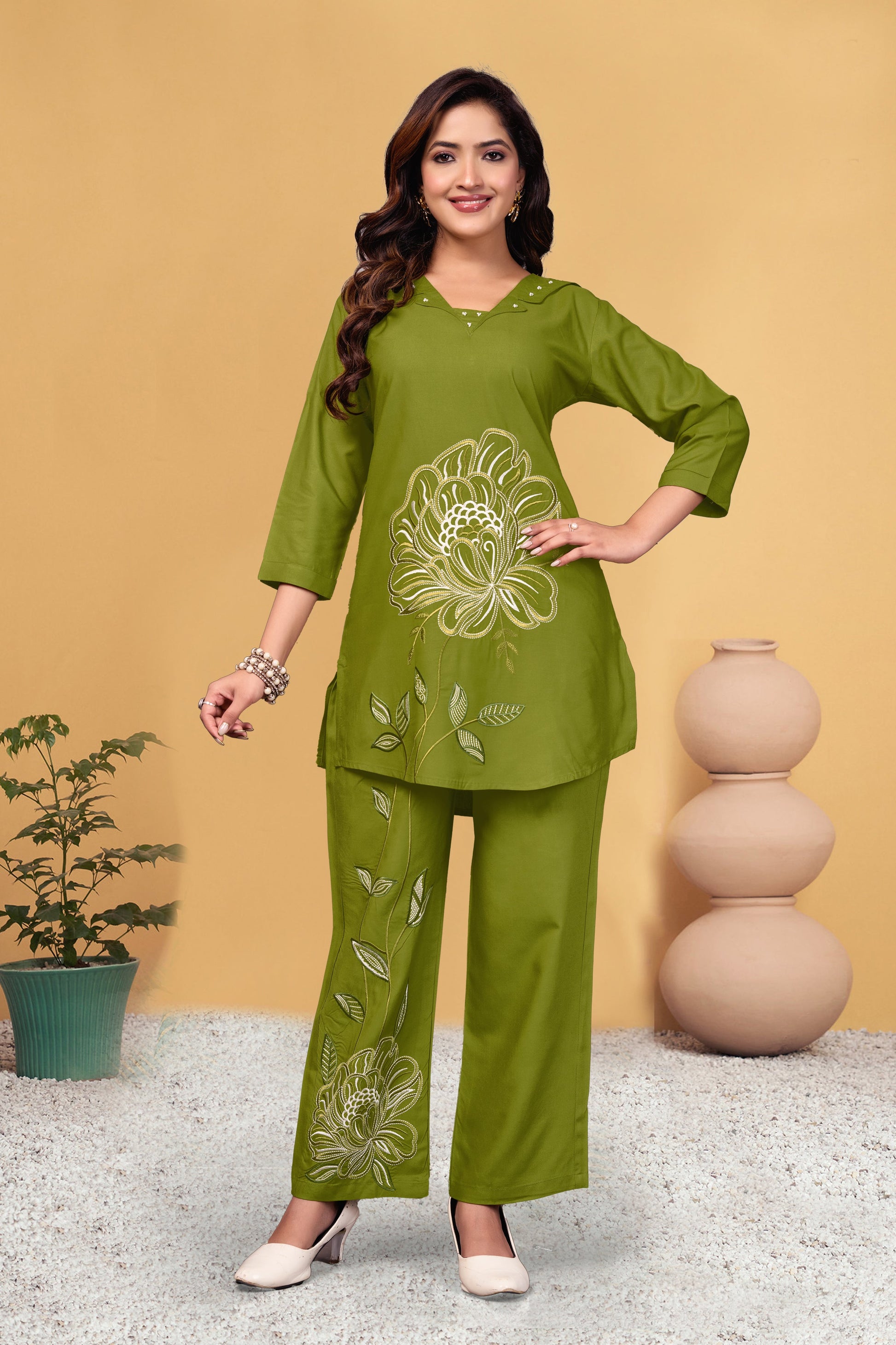 Sonakshi Women's Green Viscose Rayon Embroidered Straight Top & Bottom Set