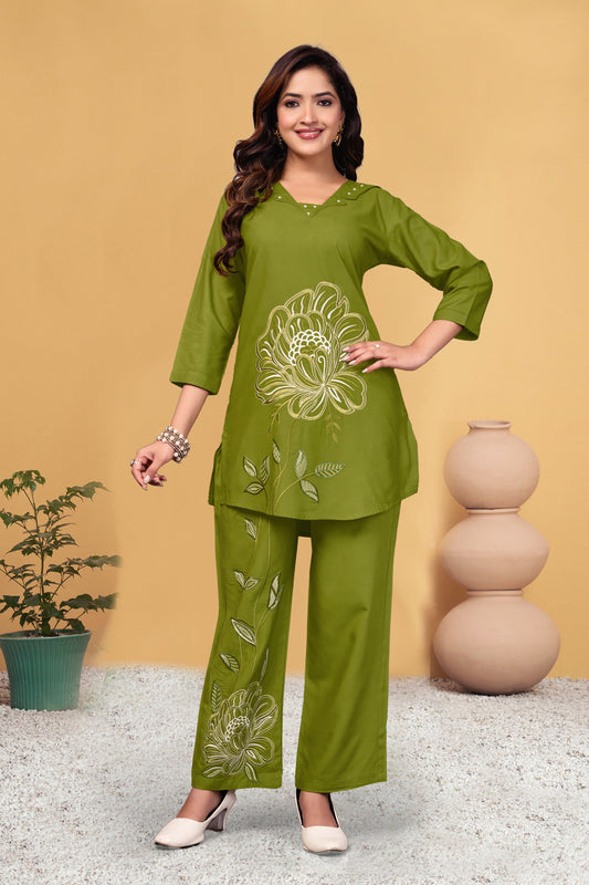 Sonakshi Women's Green Viscose Rayon Embroidered Straight Top & Bottom Set