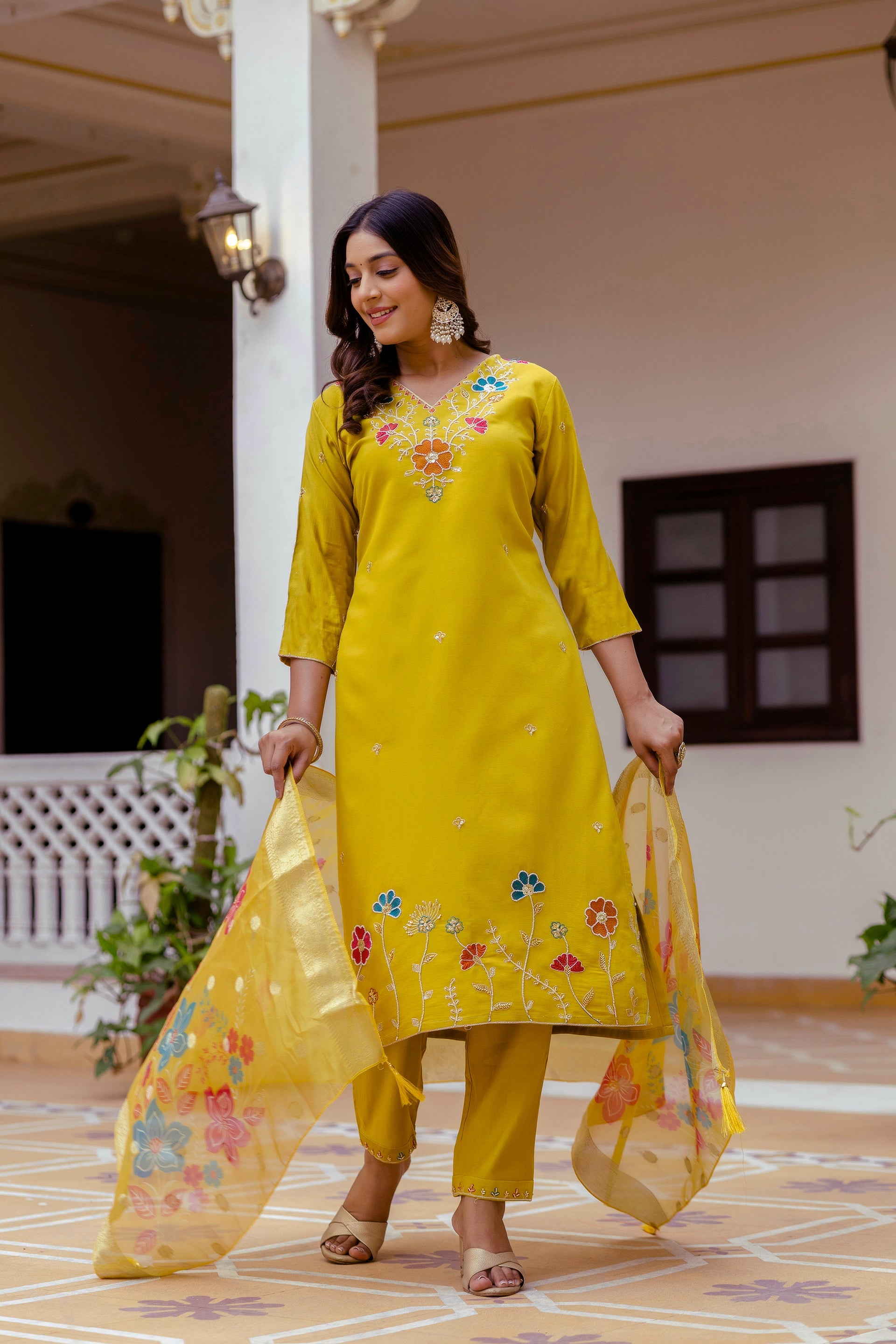 Sonakshi Women's Yellow Viscose Gadhwal Embroidered Beads Kurta Set with Dupatta