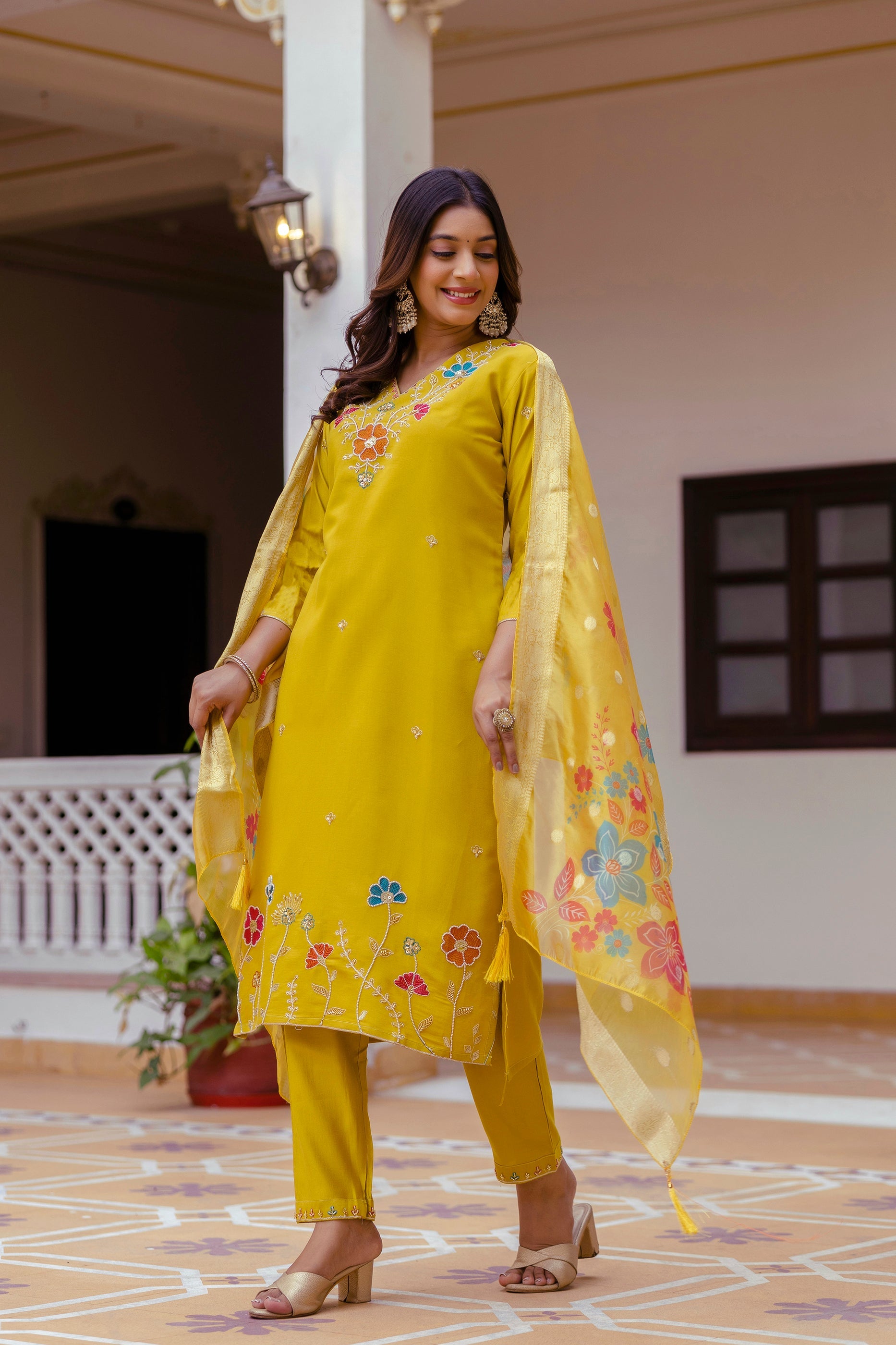 Sonakshi Women's Yellow Viscose Gadhwal Embroidered Beads Kurta Set with Dupatta