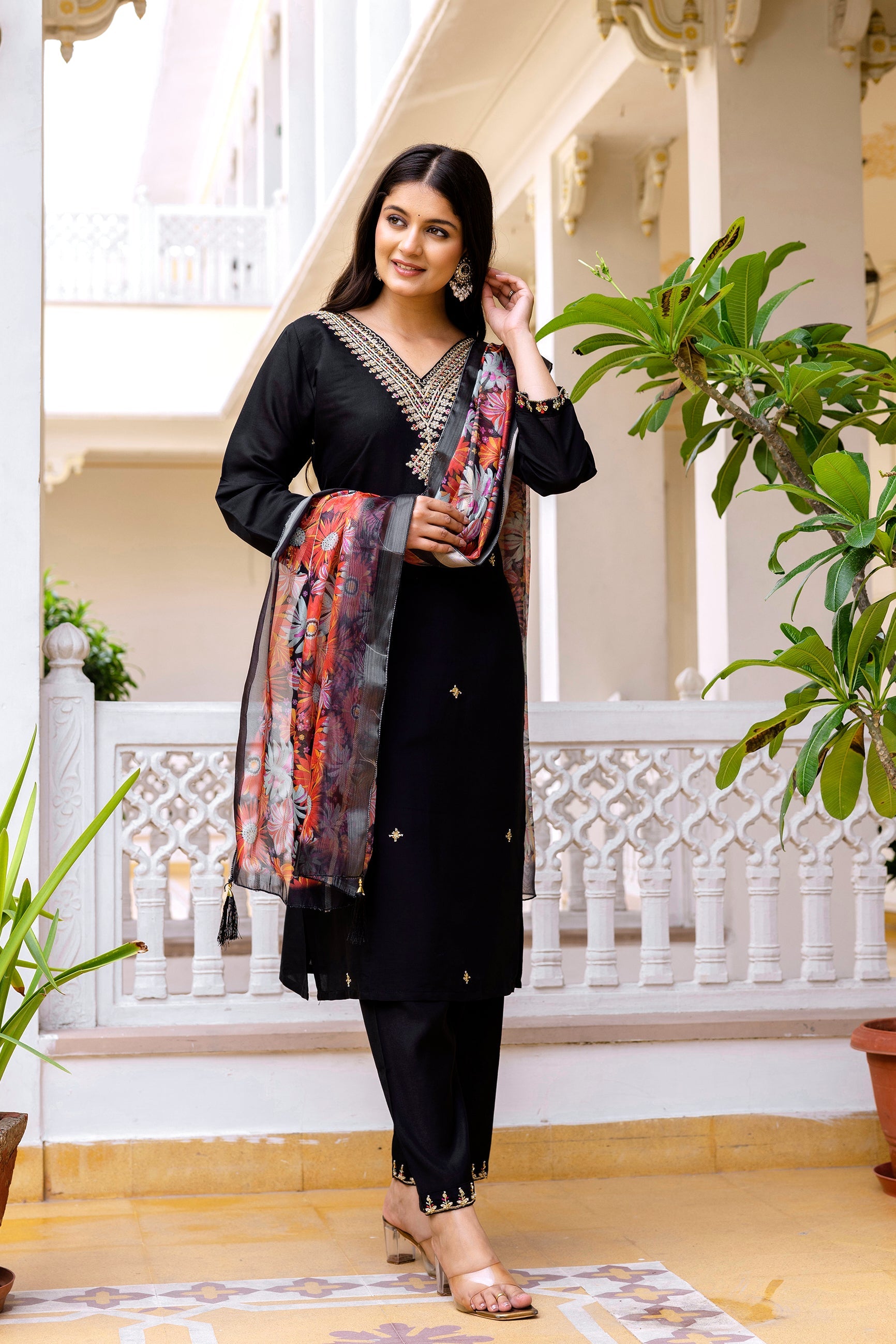 Sonakshi Women's Black Viscose Chanderi Embroidered Kurta Set with Dupatta