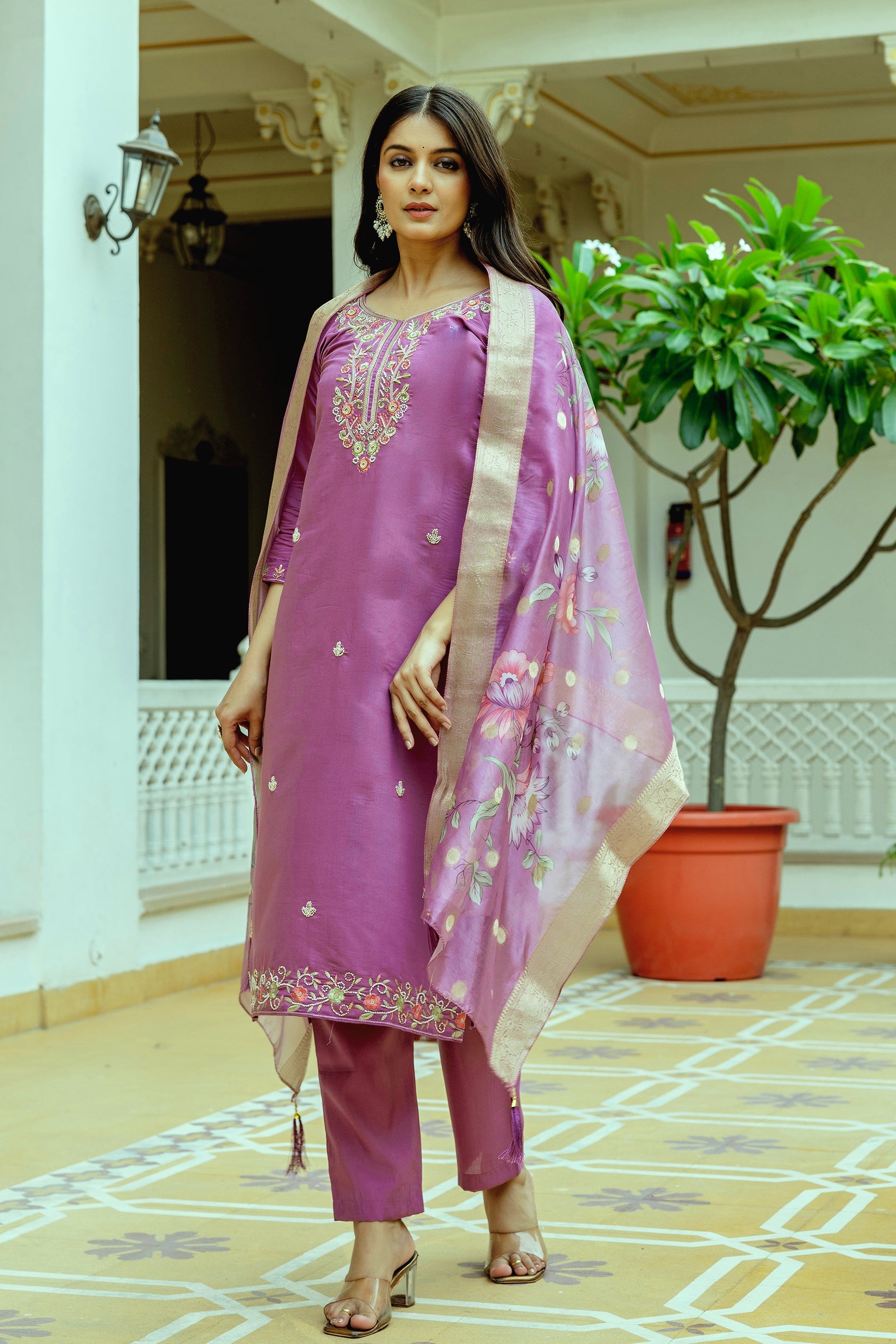 Sonakshi Women's Lavender Viscose Chanderi Silk Embroidered Beads Kurta Set with Dupatta