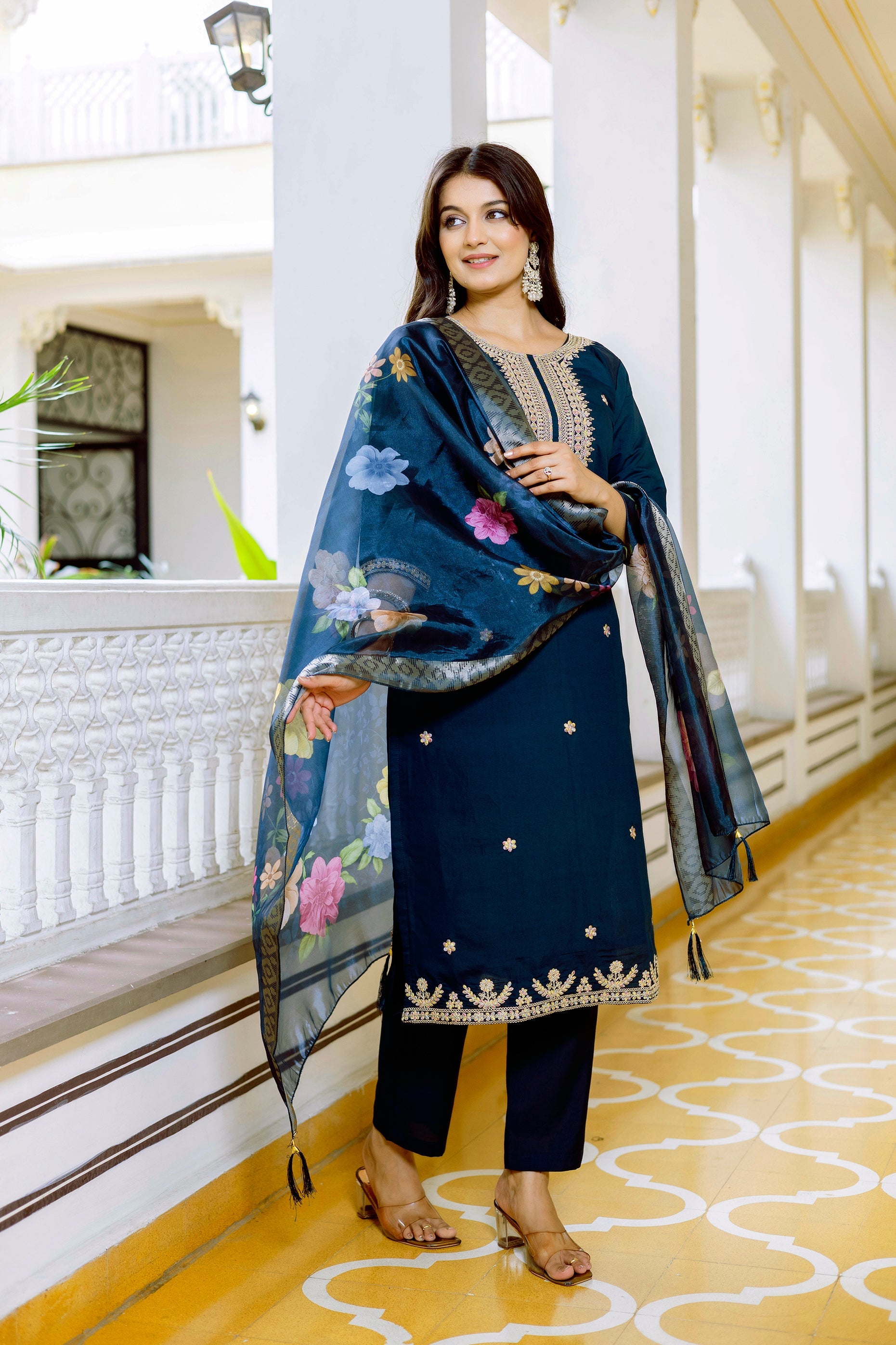 Sonakshi Women's Navy Blue Viscose Chanderi Embroidered Kurta Set with Dupatta