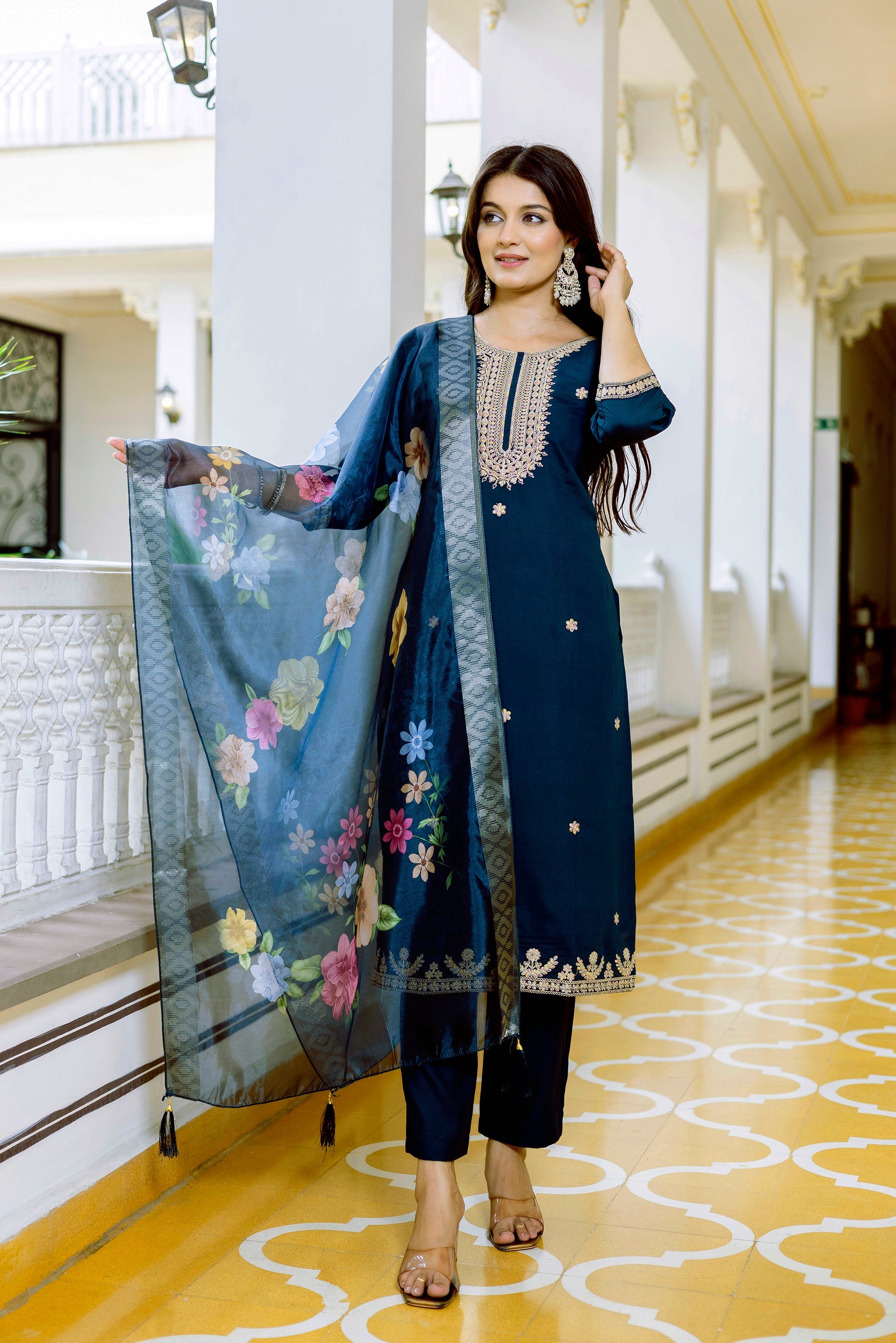 Sonakshi Women's Navy Blue Viscose Chanderi Embroidered Kurta Set with Dupatta