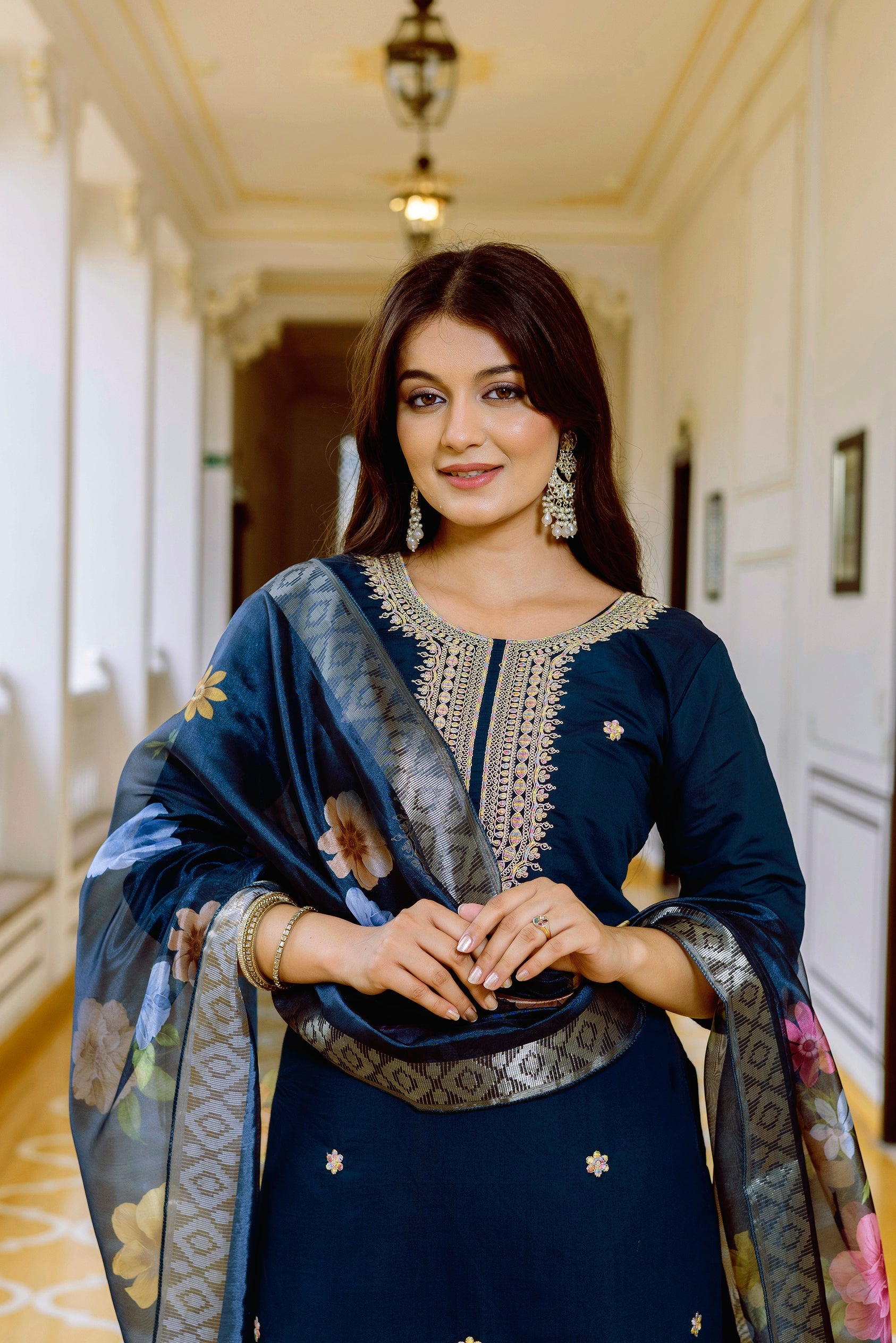 Sonakshi Women's Navy Blue Viscose Chanderi Embroidered Kurta Set with Dupatta