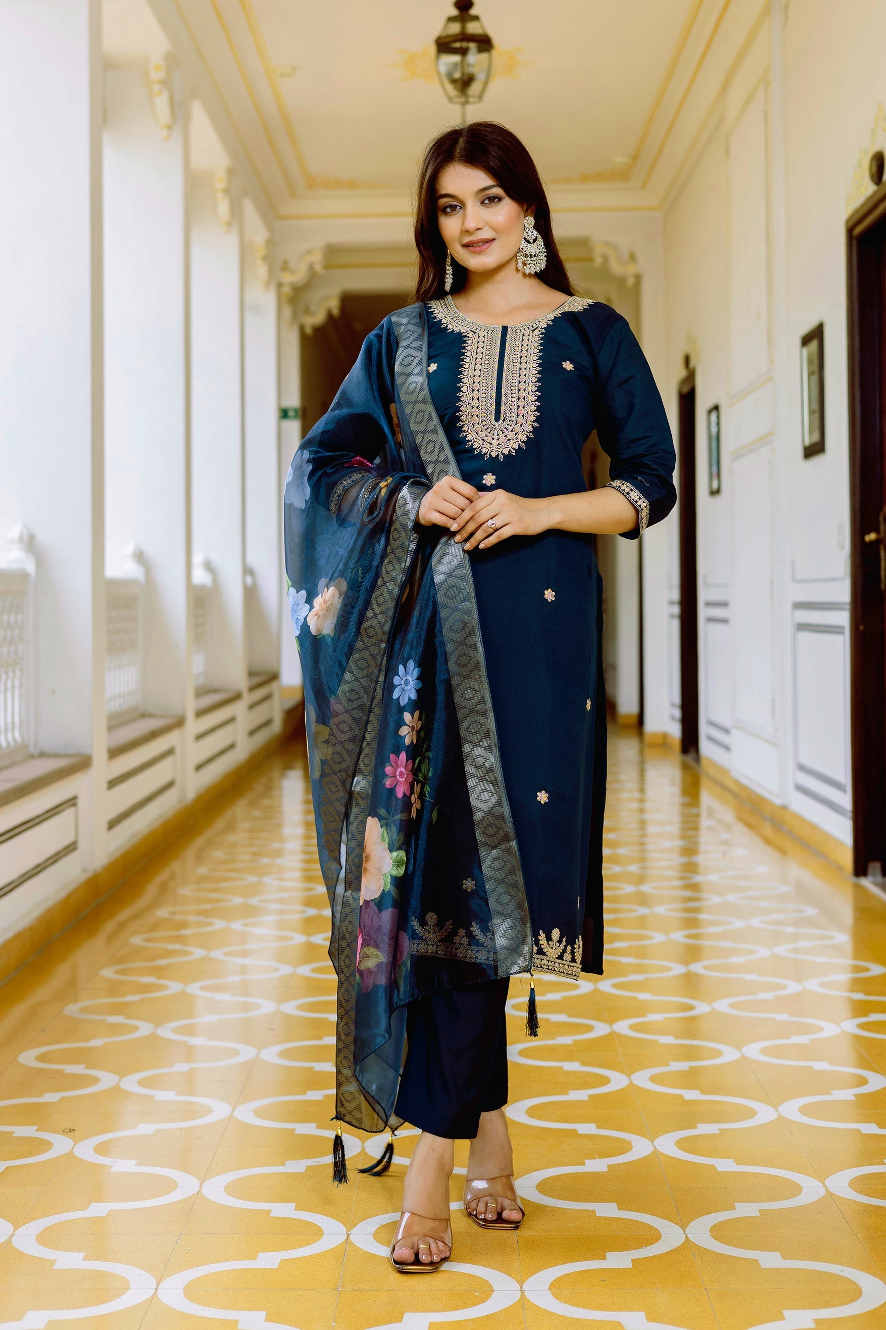 Sonakshi Women's Navy Blue Viscose Chanderi Embroidered Kurta Set with Dupatta
