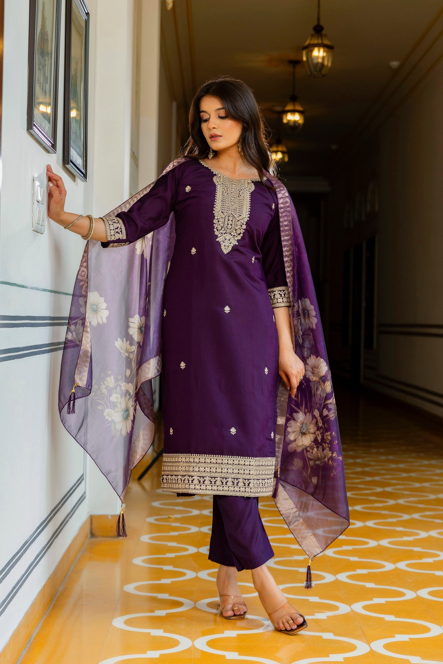 Sonakshi Women's Purple Viscose Chanderi Embroidered Kurta Set with Dupatta