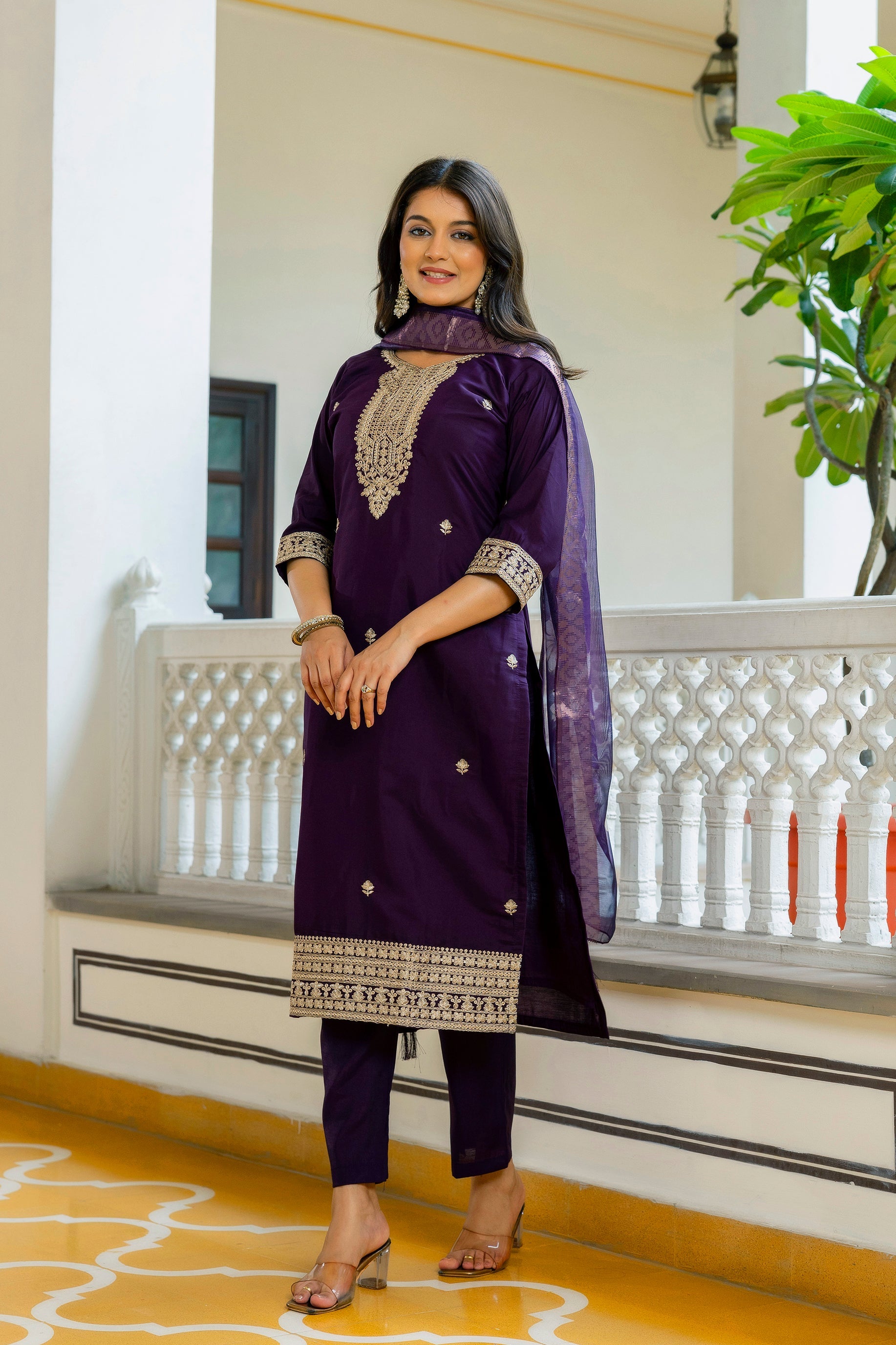 Sonakshi Women's Purple Viscose Chanderi Embroidered Kurta Set with Dupatta