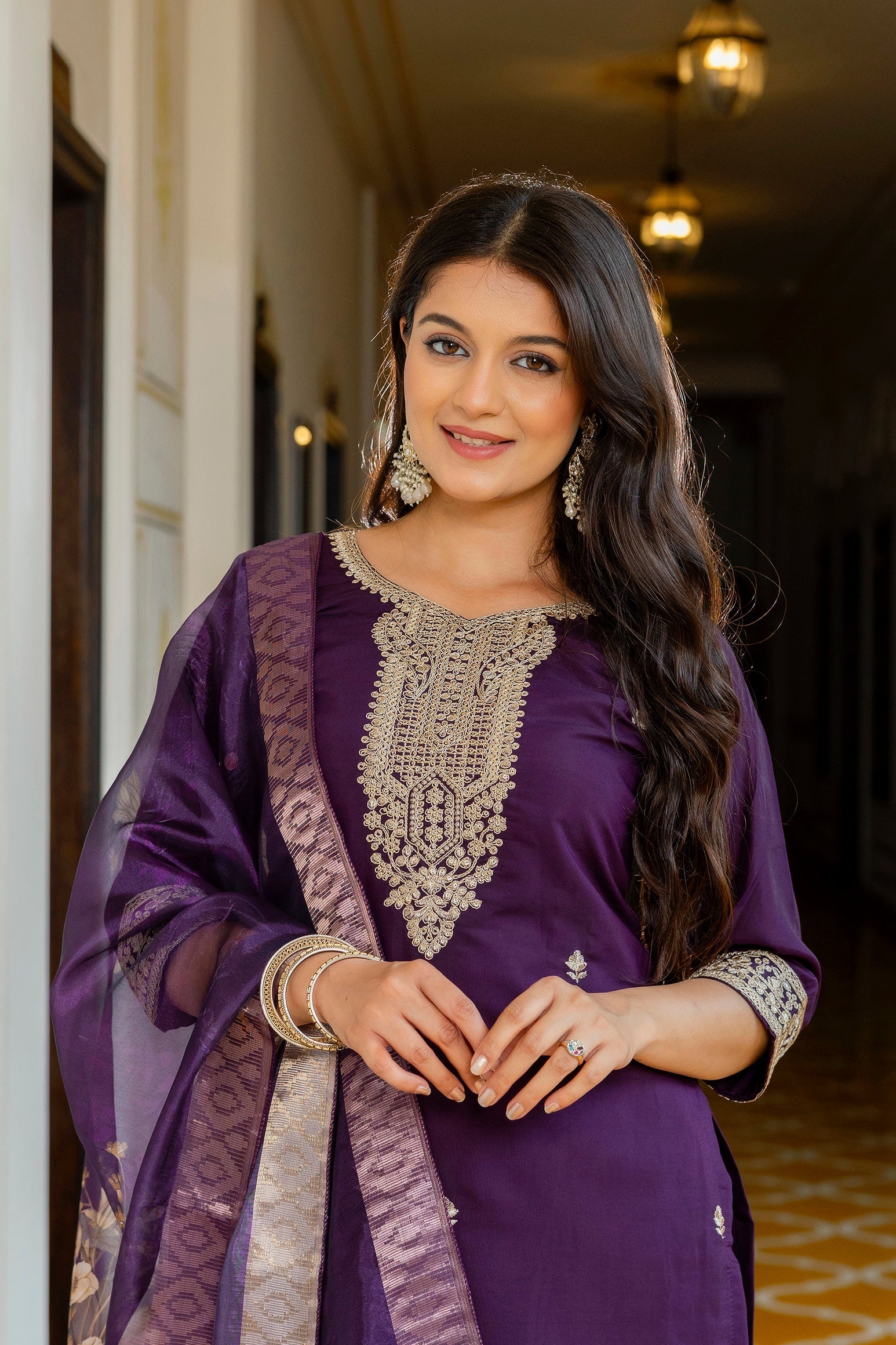 Sonakshi Women's Purple Viscose Chanderi Embroidered Kurta Set with Dupatta