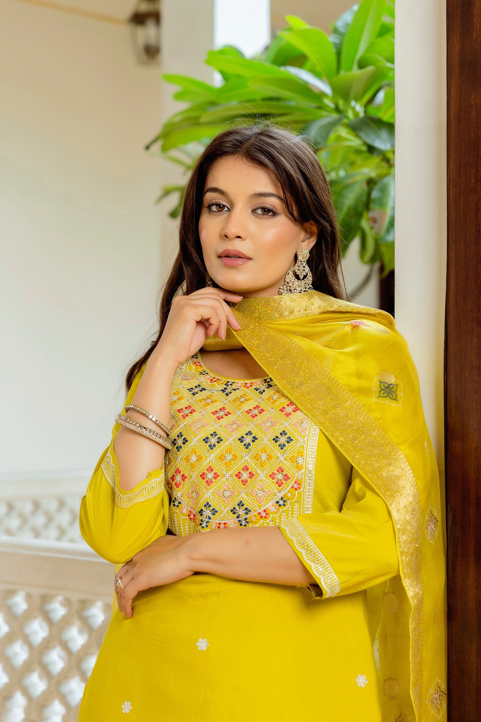 Sonakshi Women's Yellow Viscose Shimmer Embroidered Kurta Set with Dupatta