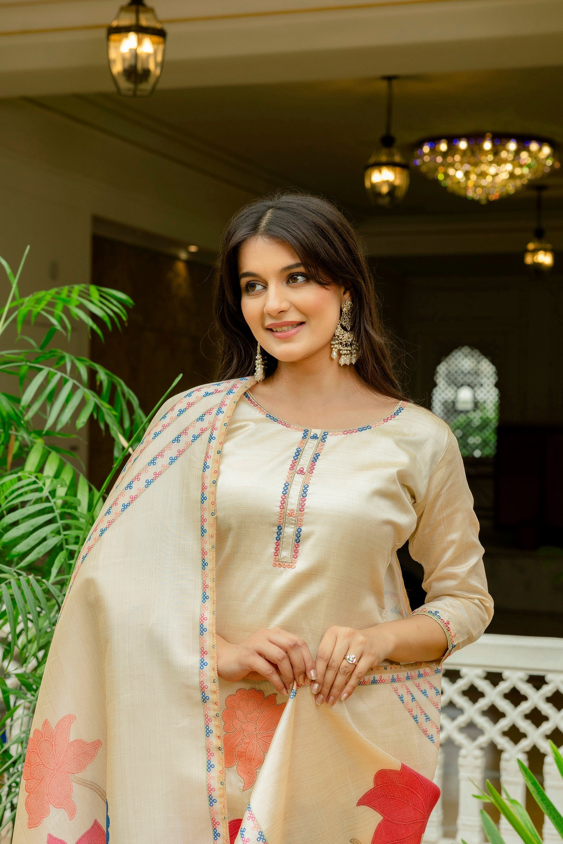 Sonakshi Women's Off White Viscose Assam Silk Embroidered Kurta Set with Dupatta