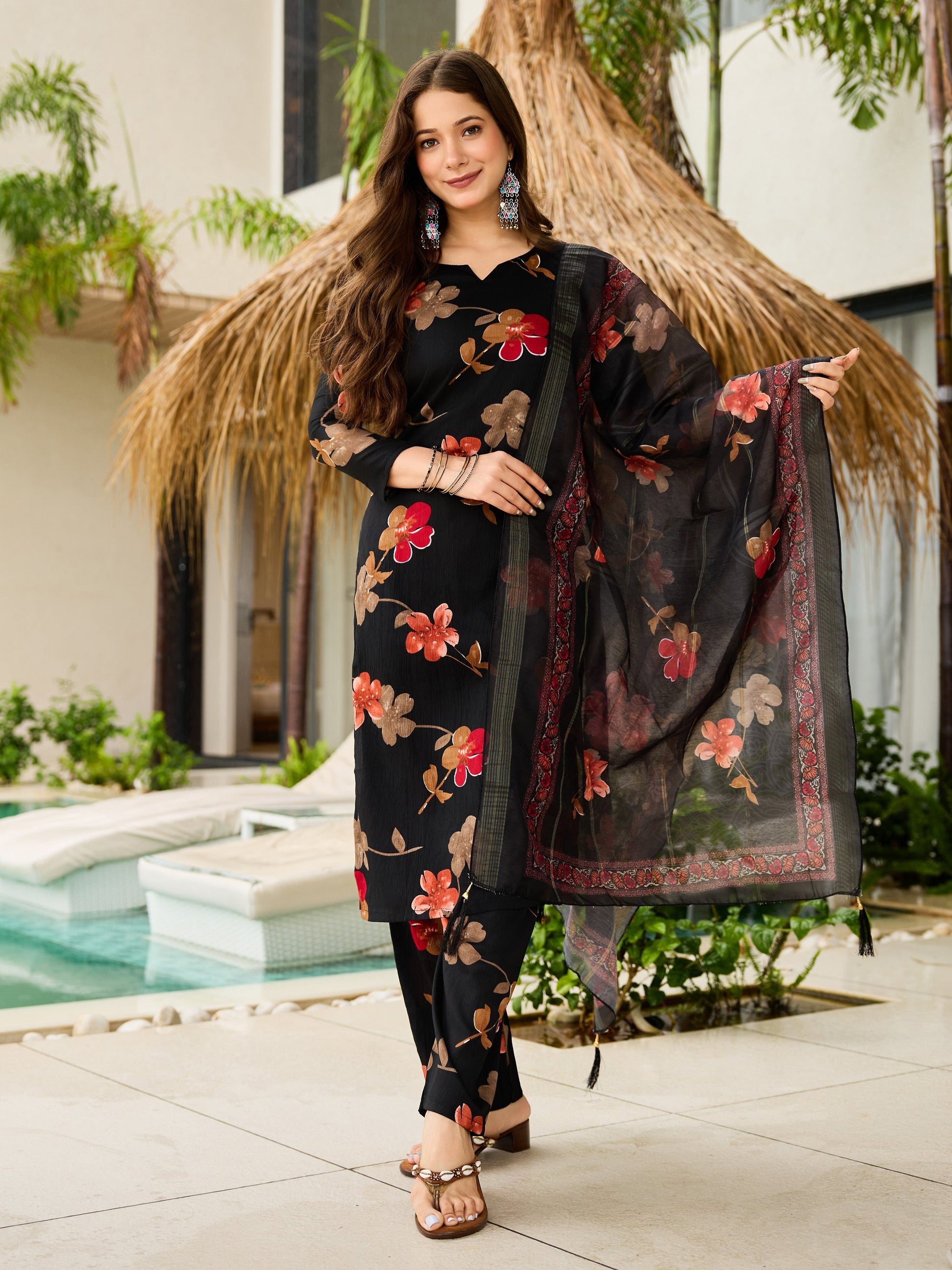 Sonakshi Women's Black Silk Blend Printed Kurta Set with Dupatta