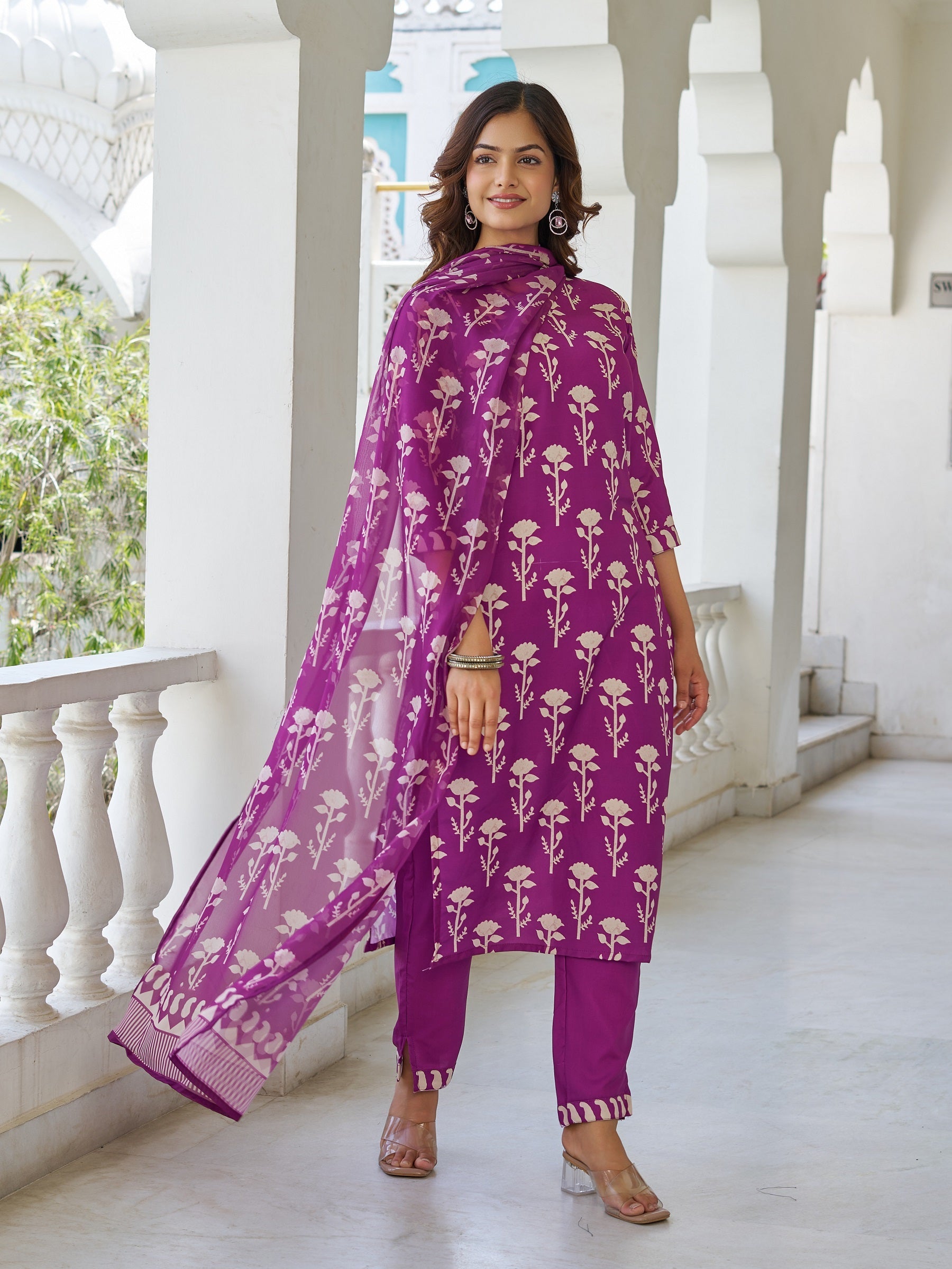 Sonakshi Women's Purple Cotton Blend Printed Kurta Set with Dupatta