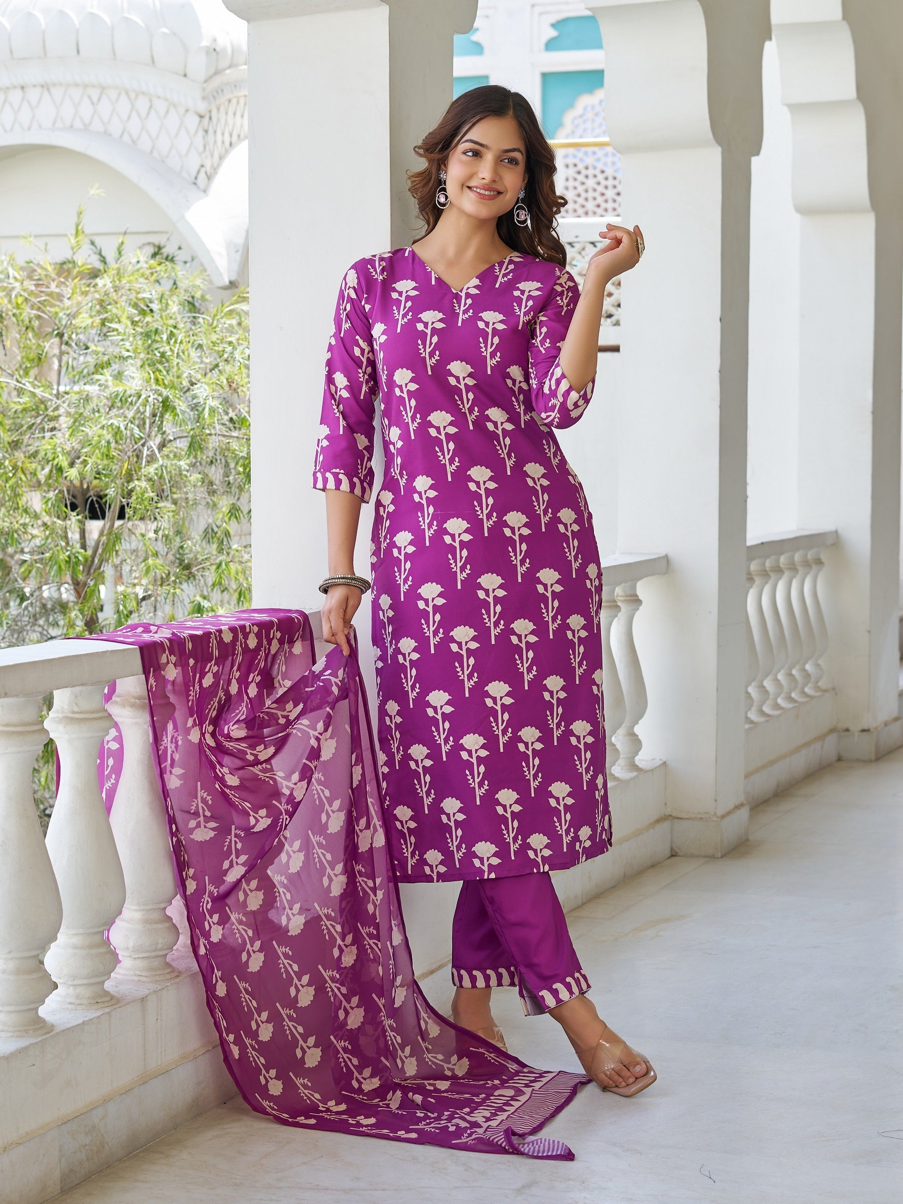 Sonakshi Women's Purple Cotton Blend Printed Kurta Set with Dupatta