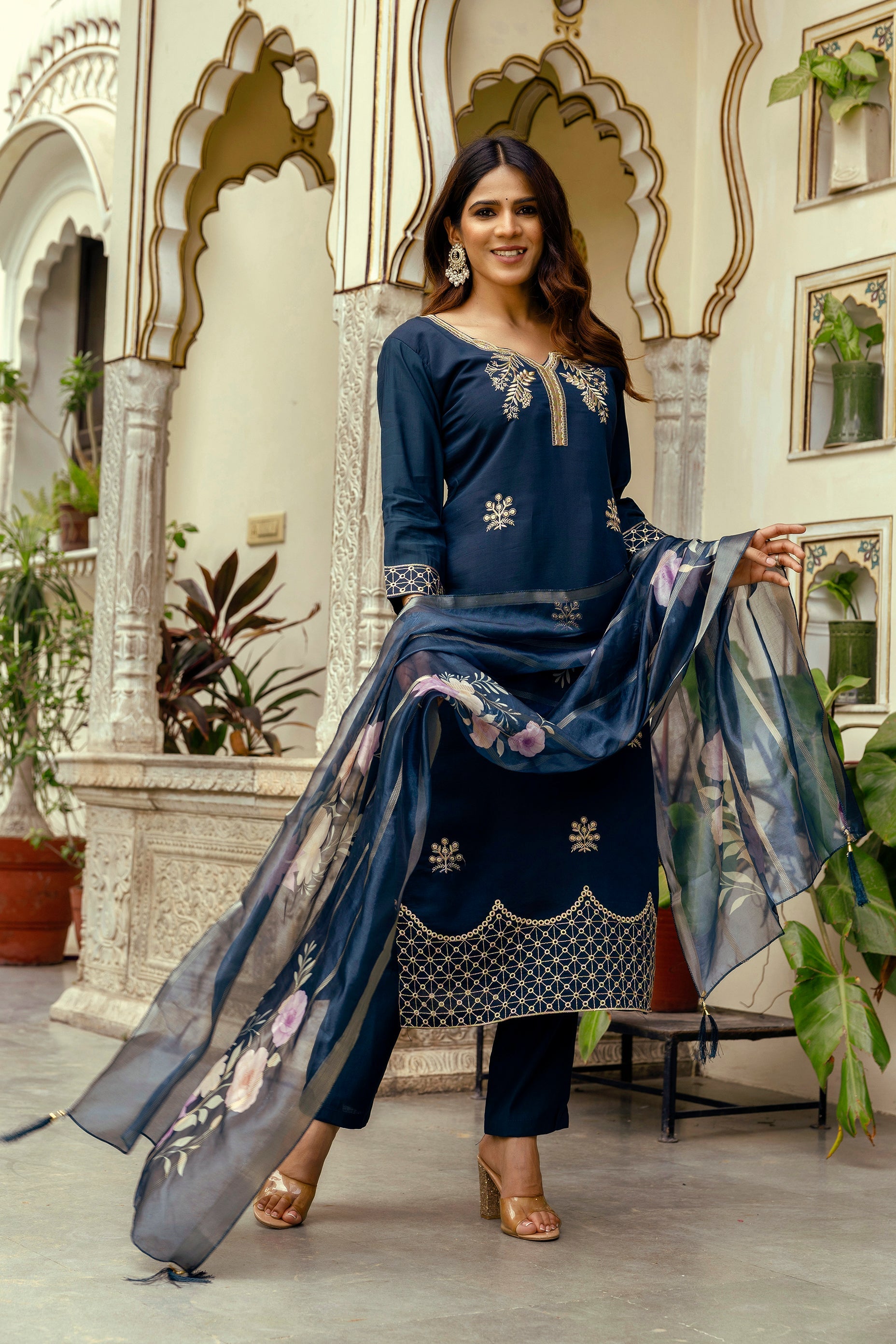 Sonakshi Women's Navy Blue Viscose Chanderi Embroidered Kurta Set with Dupatta