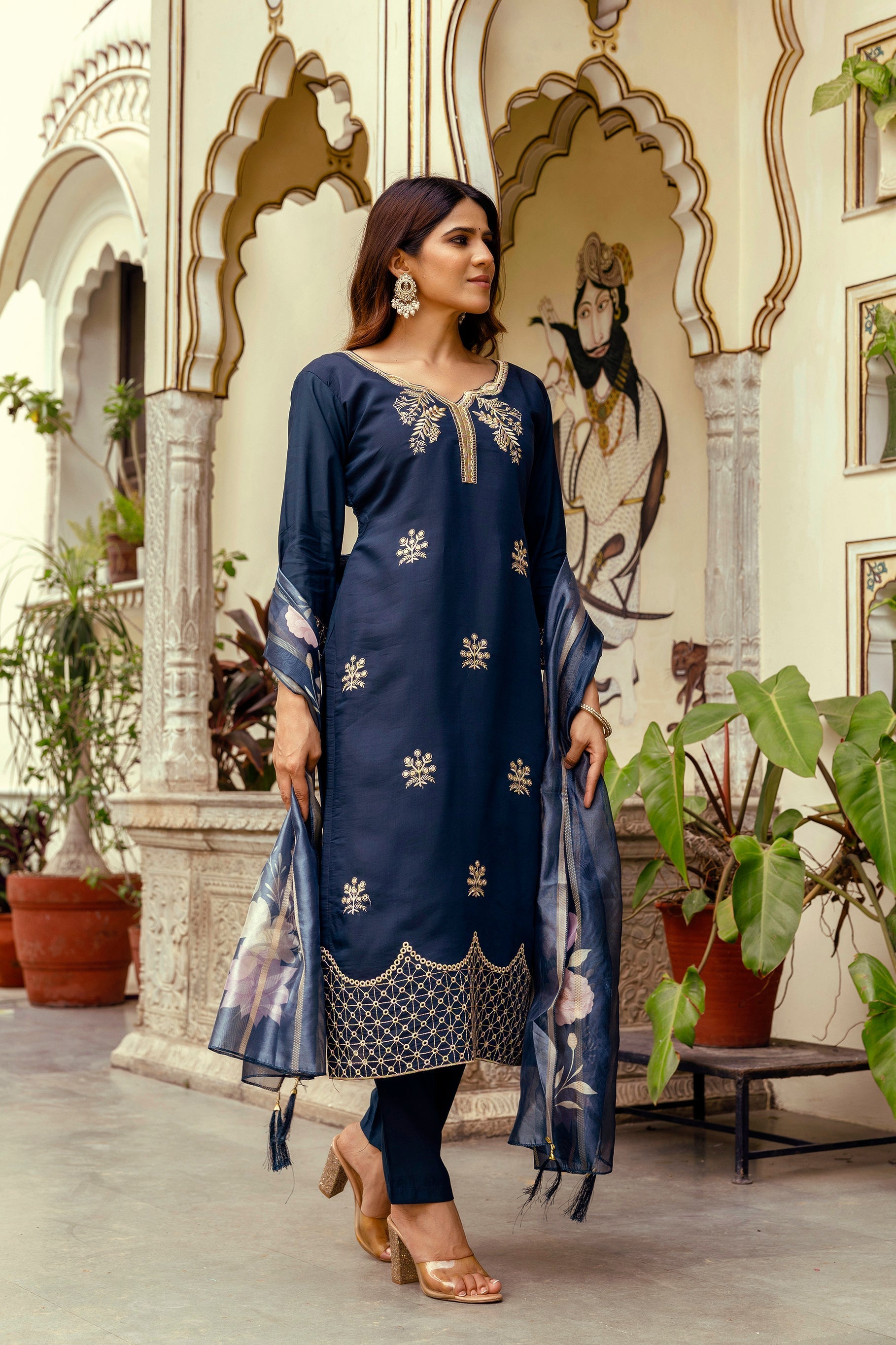 Sonakshi Women's Navy Blue Viscose Chanderi Embroidered Kurta Set with Dupatta