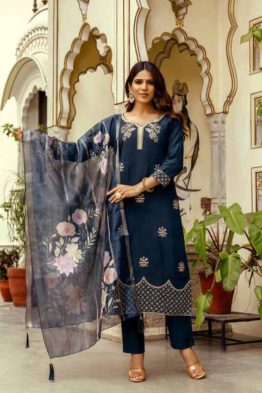 Sonakshi Women's Navy Blue Viscose Chanderi Embroidered Kurta Set with Dupatta