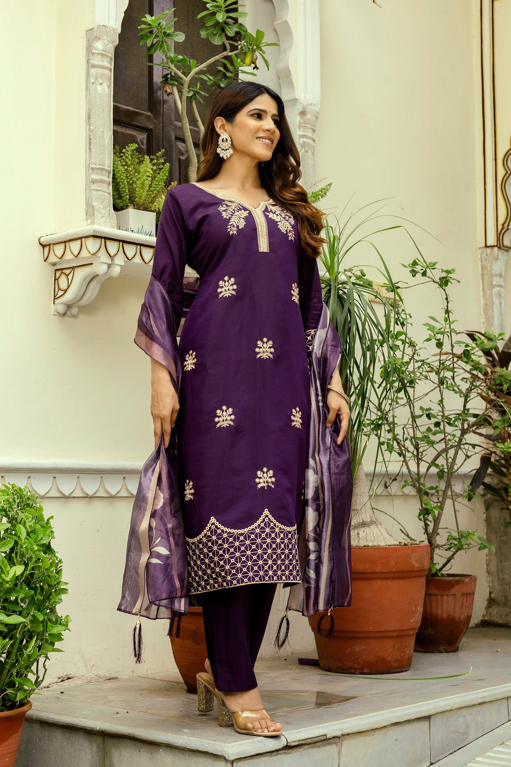 Sonakshi Women's Purple Viscose Chanderi Embroidered Kurta Set with Dupatta