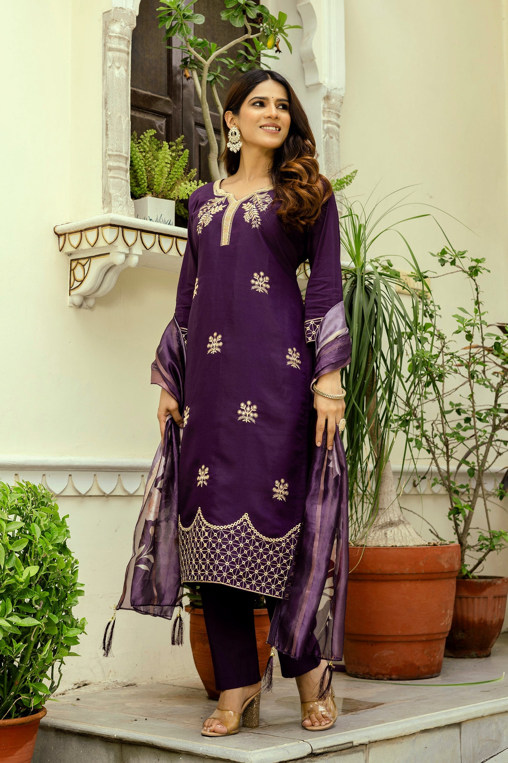 Sonakshi Women's Purple Viscose Chanderi Embroidered Kurta Set with Dupatta
