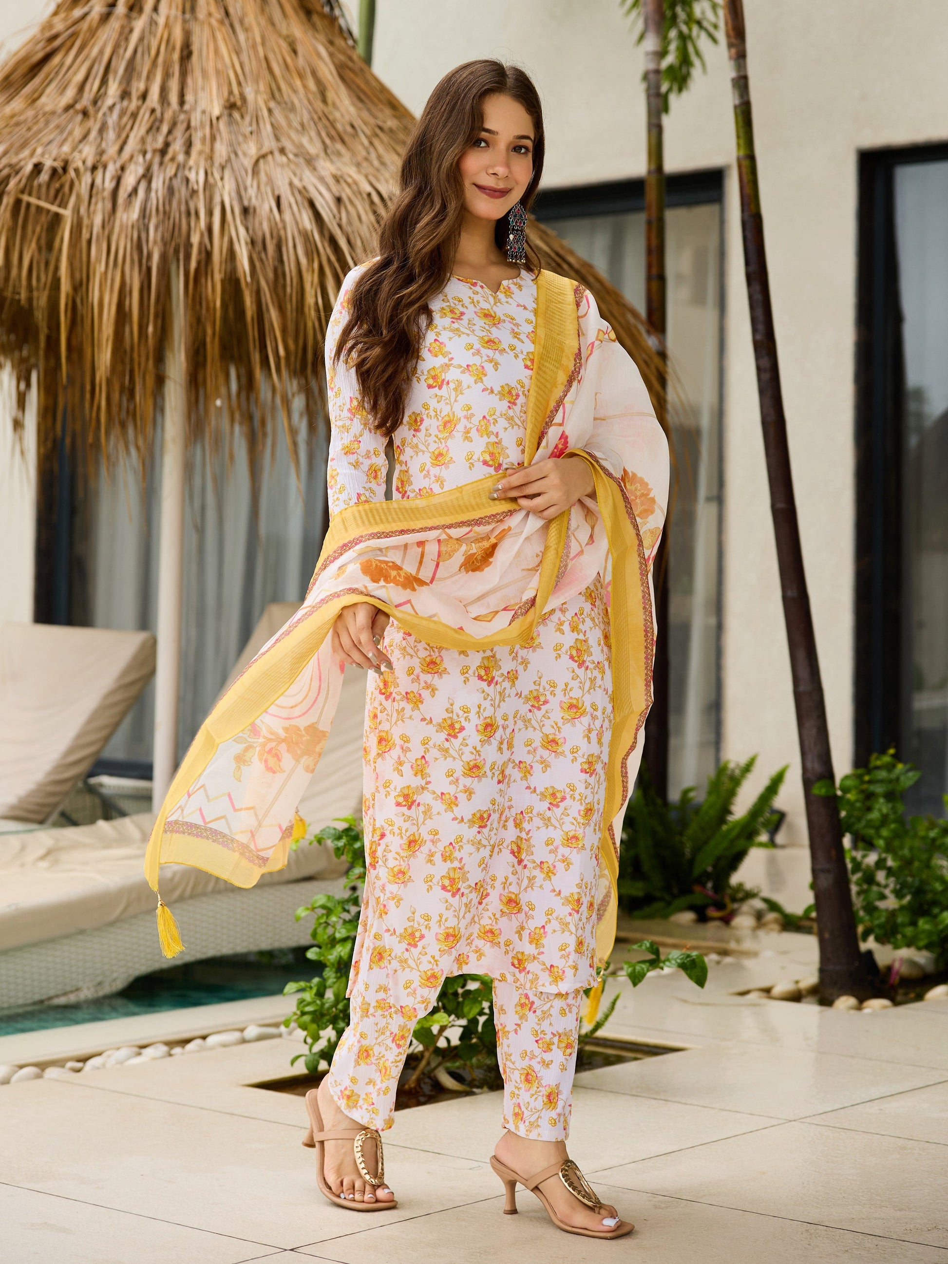 Sonakshi Women's Yellow Silk Blend Printed Kurta Set with Dupatta