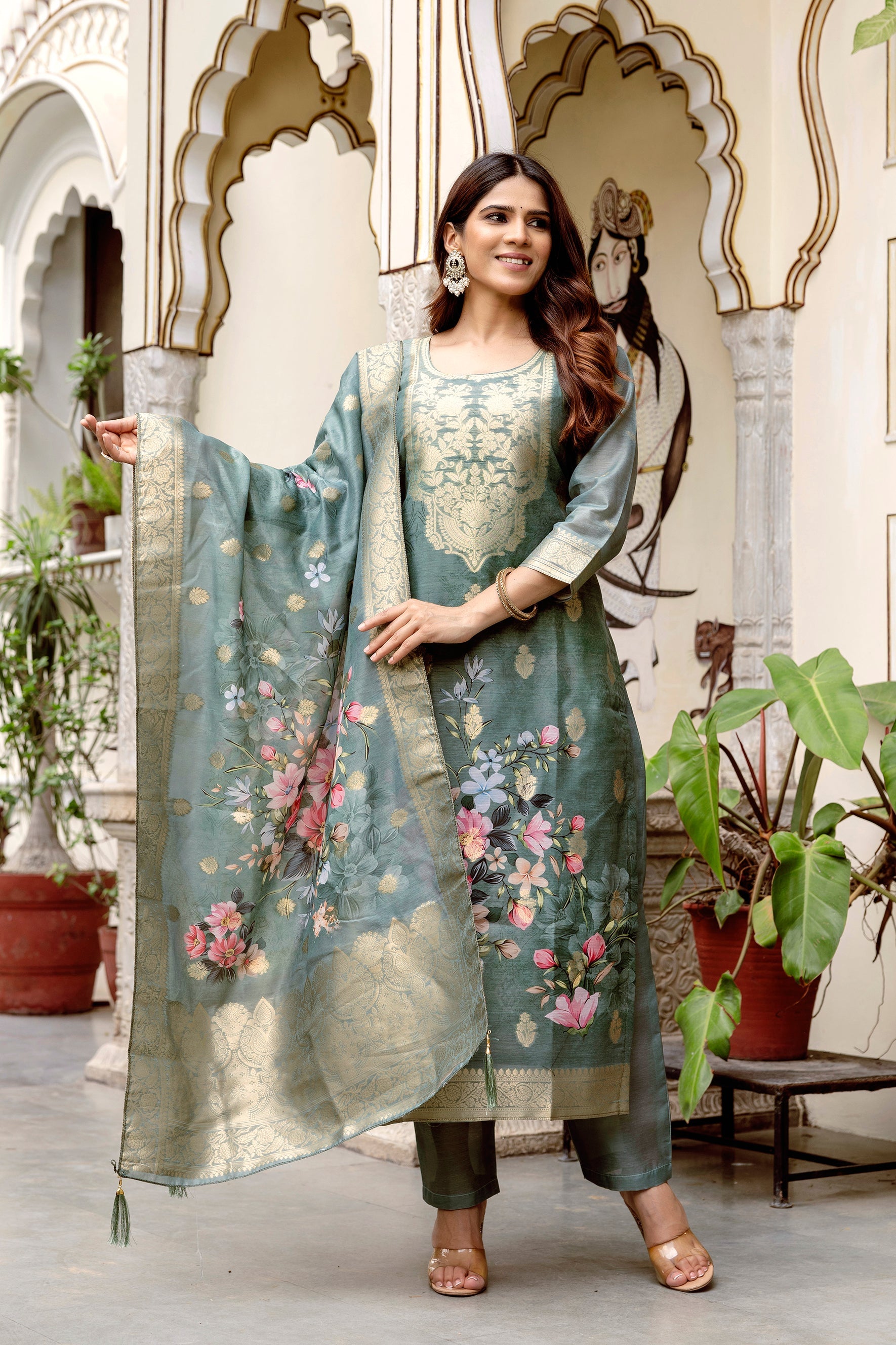 Sonakshi Women's Grey Chanderi Cotton Printed Kurta Set with Dupatta
