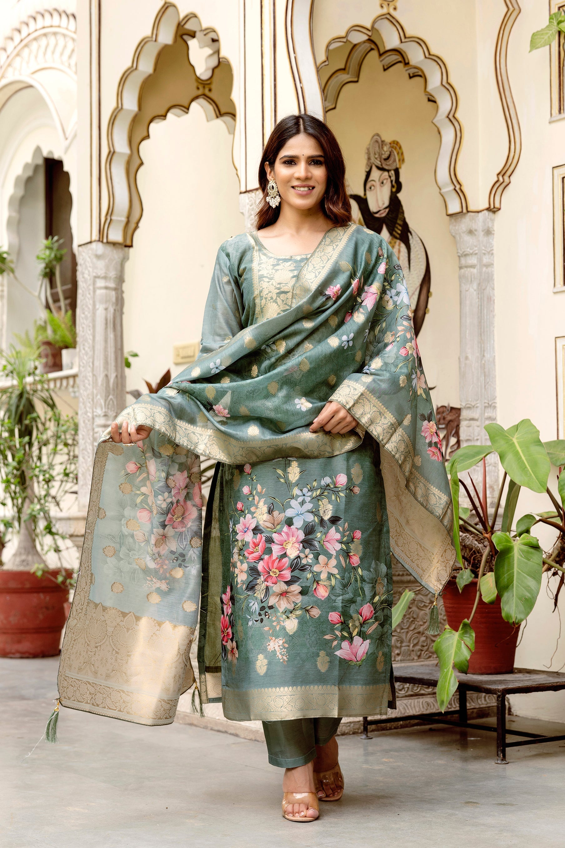 Sonakshi Women's Grey Chanderi Cotton Printed Kurta Set with Dupatta