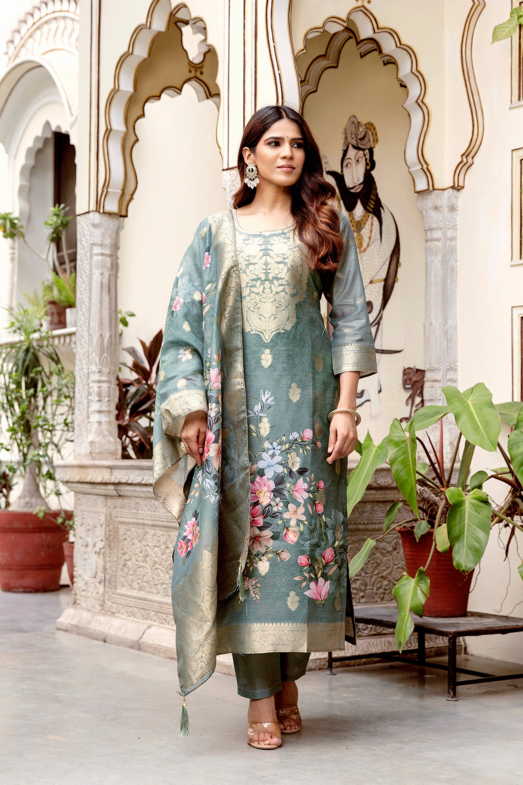 Sonakshi Women's Grey Chanderi Cotton Printed Kurta Set with Dupatta