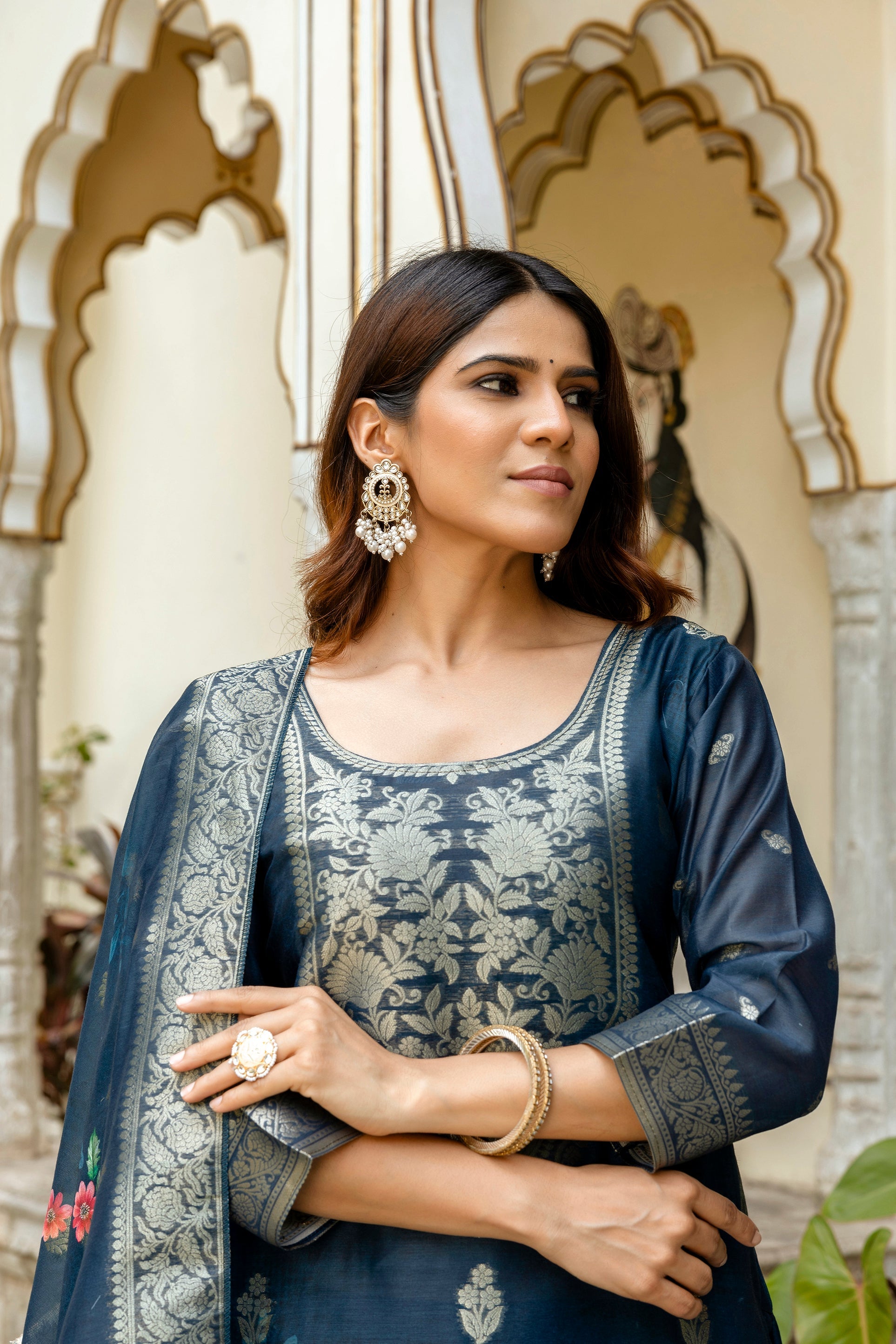 Sonakshi Women's Navy Blue Chanderi Cotton Printed Kurta Set with Dupatta