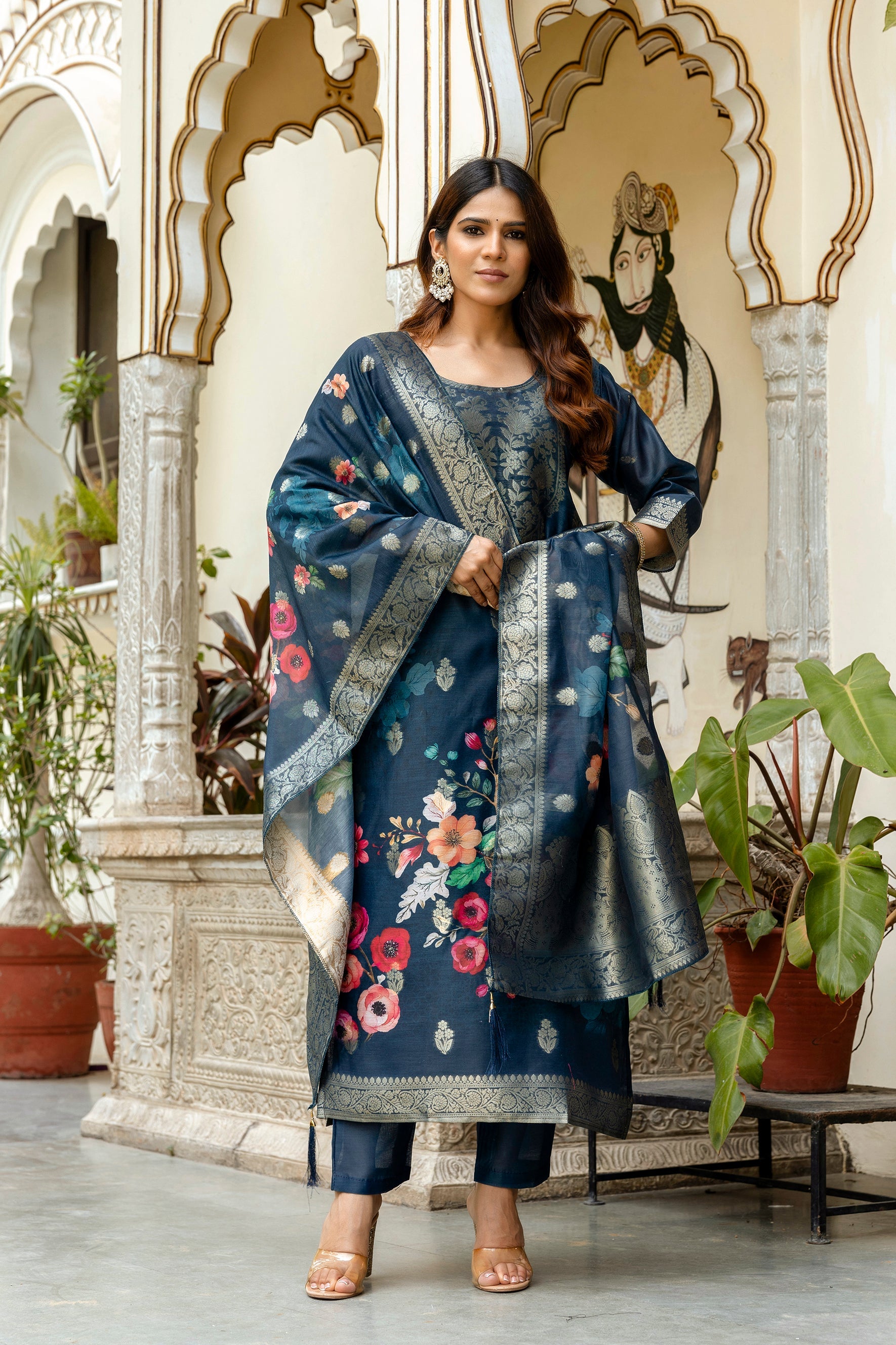 Sonakshi Women's Navy Blue Chanderi Cotton Printed Kurta Set with Dupatta