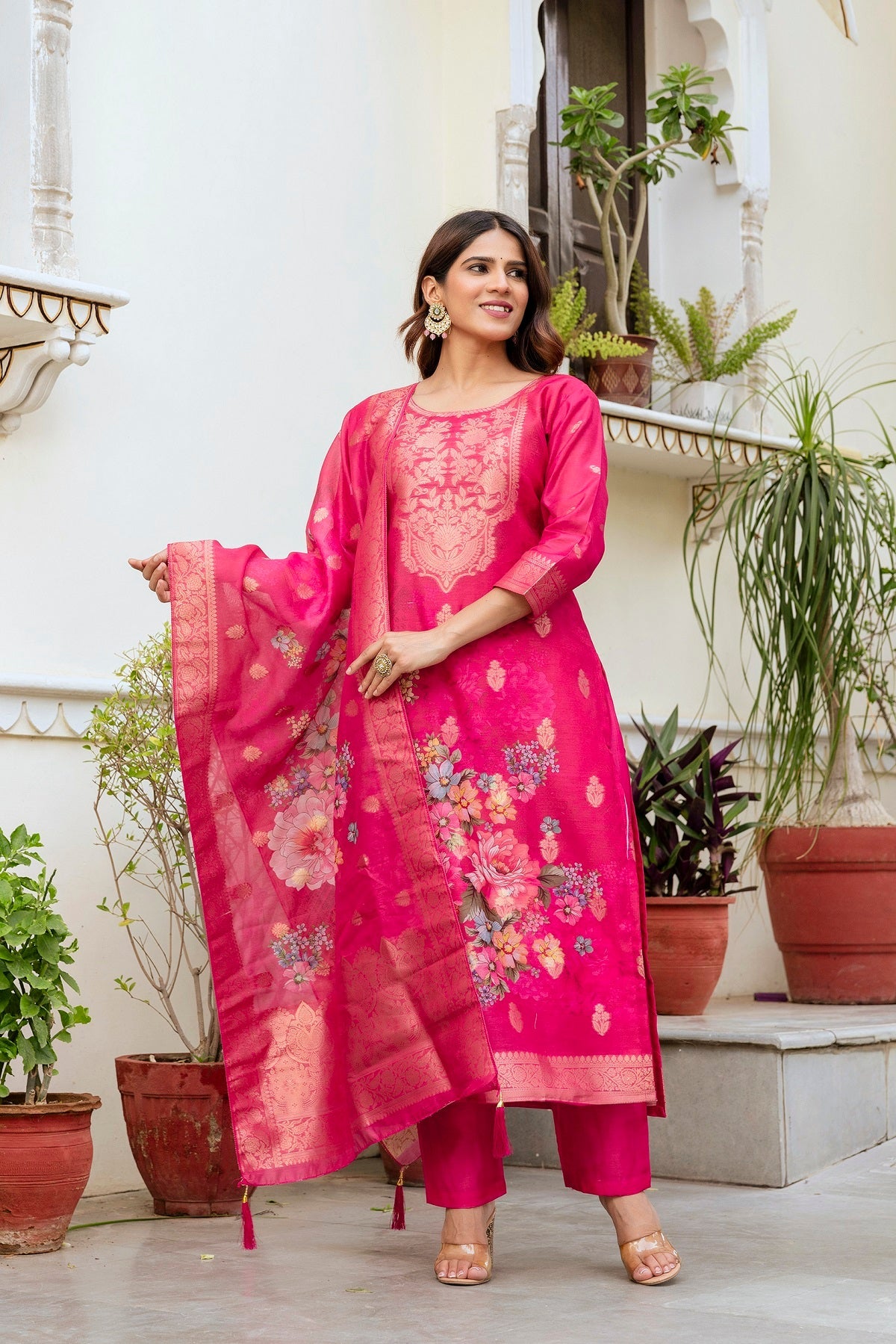 Sonakshi Women's Pink Chanderi Cotton Printed Kurta Set with Dupatta