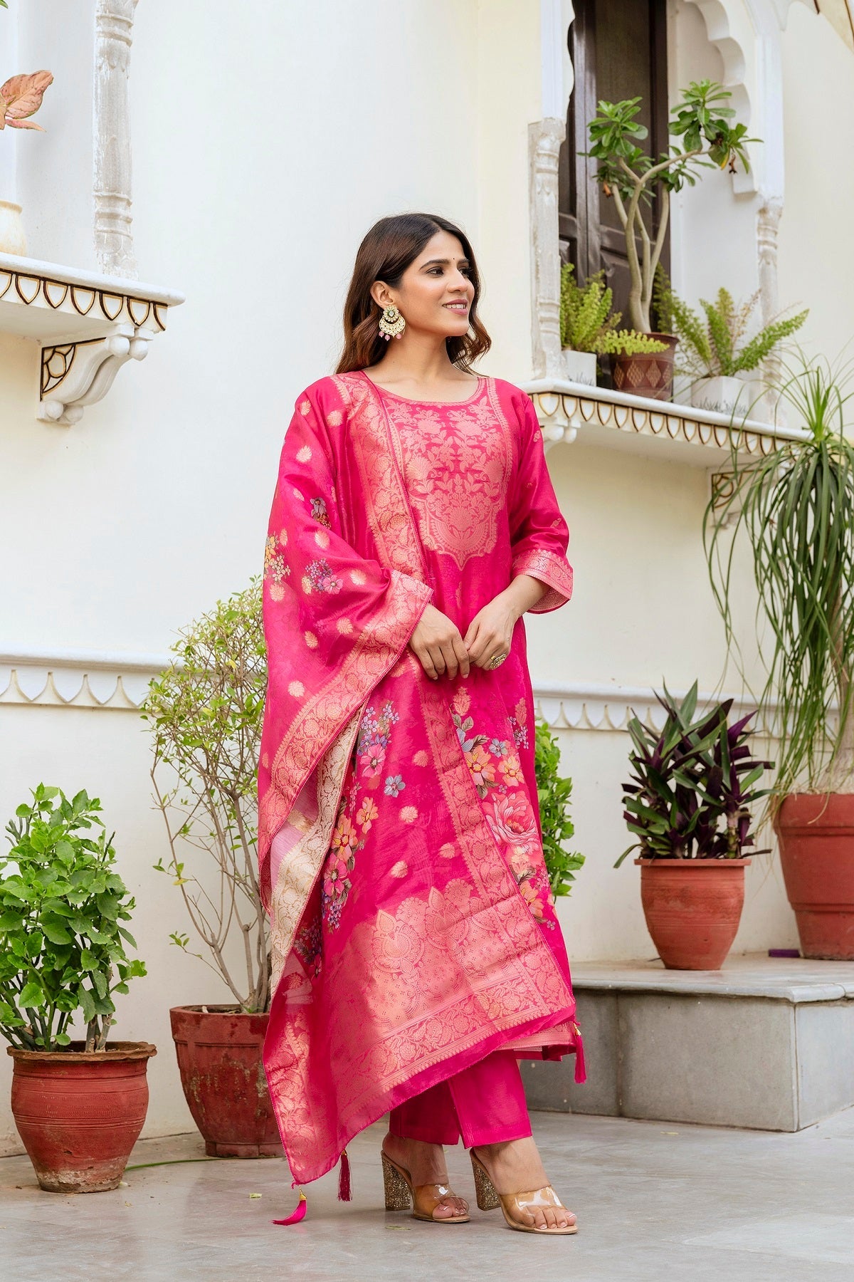 Sonakshi Women's Pink Chanderi Cotton Printed Kurta Set with Dupatta