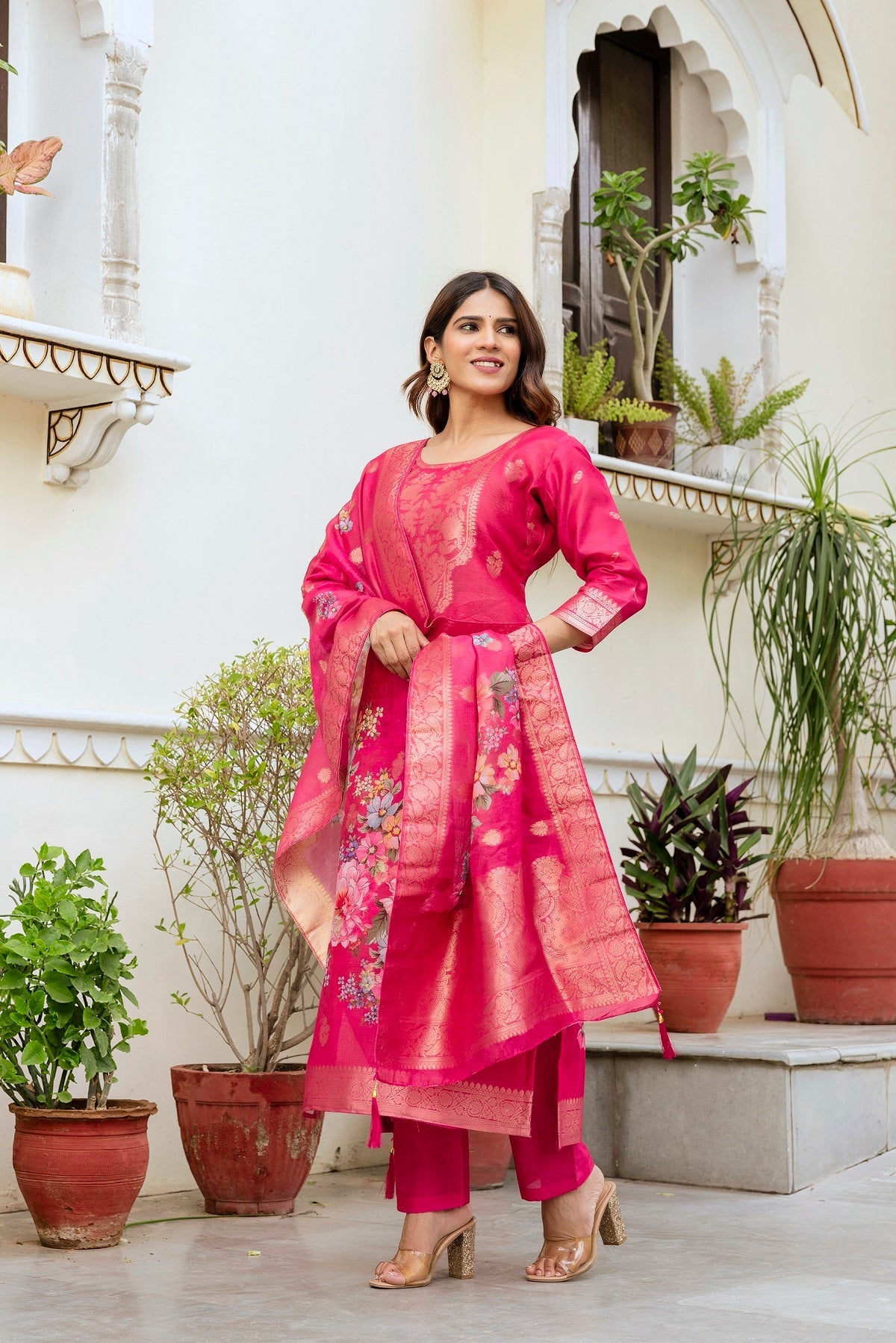 Sonakshi Women's Pink Chanderi Cotton Printed Kurta Set with Dupatta