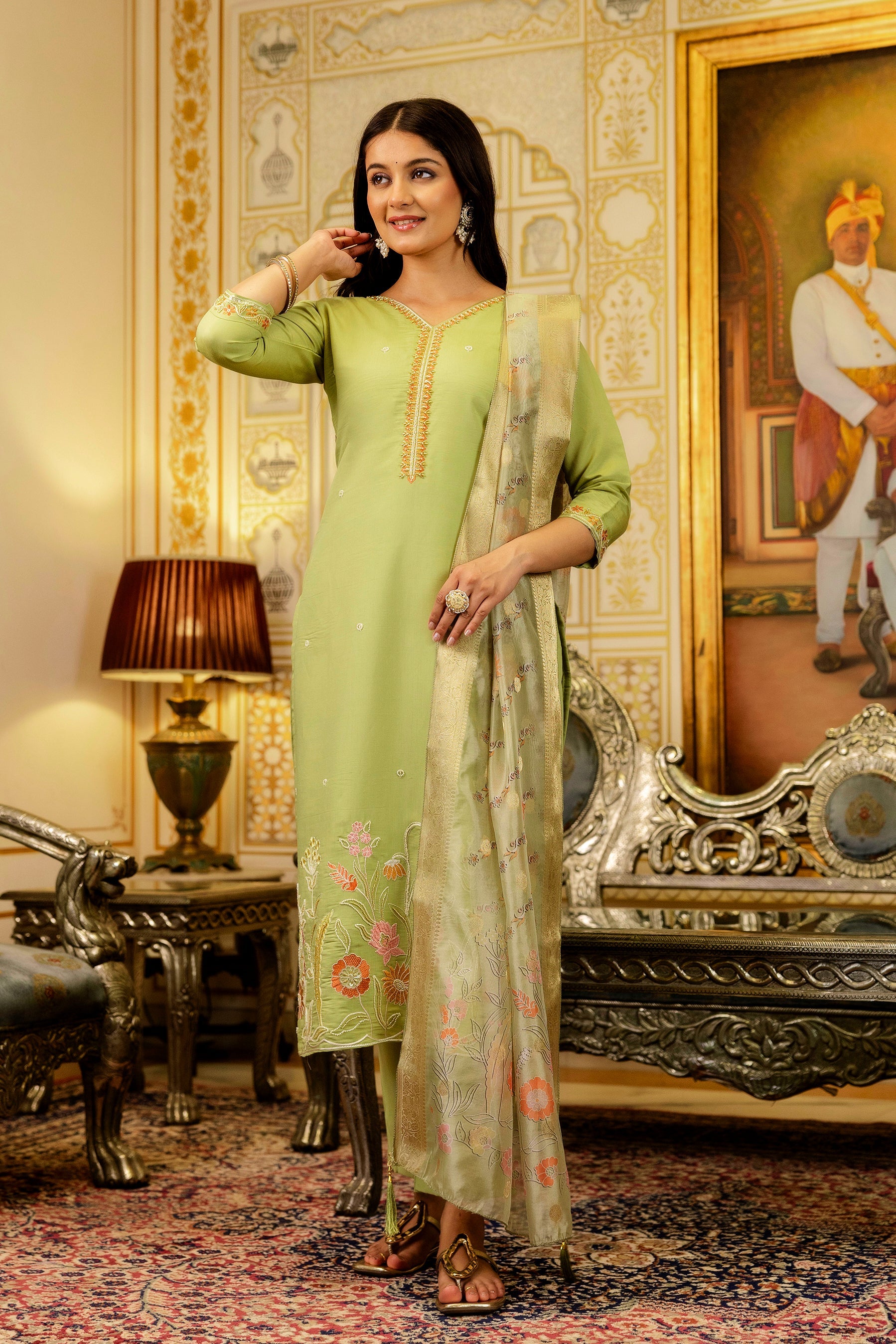 Sonakshi Women's Pista Viscose Shimmer Embroidered Kurta Set with Dupatta