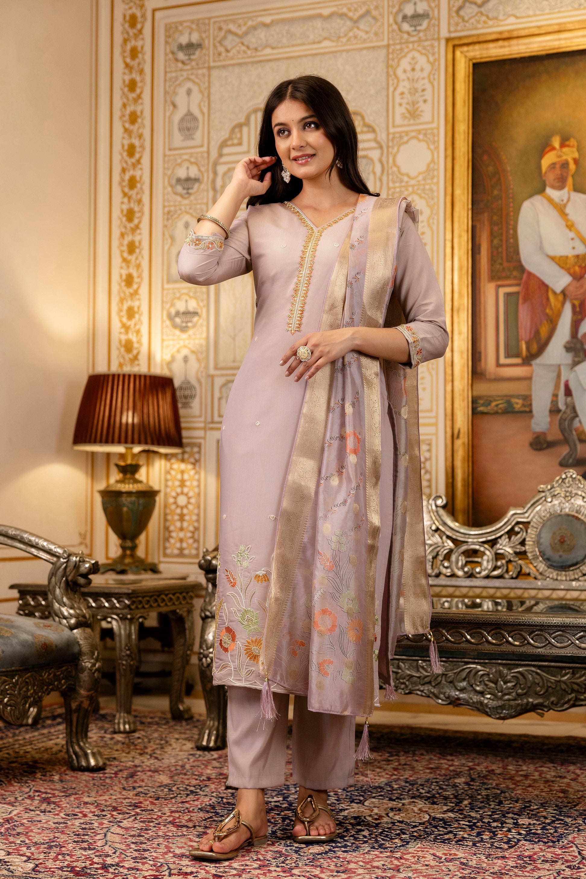 Sonakshi Women's Lavender Viscose Shimmer Embroidered Kurta Set with Dupatta