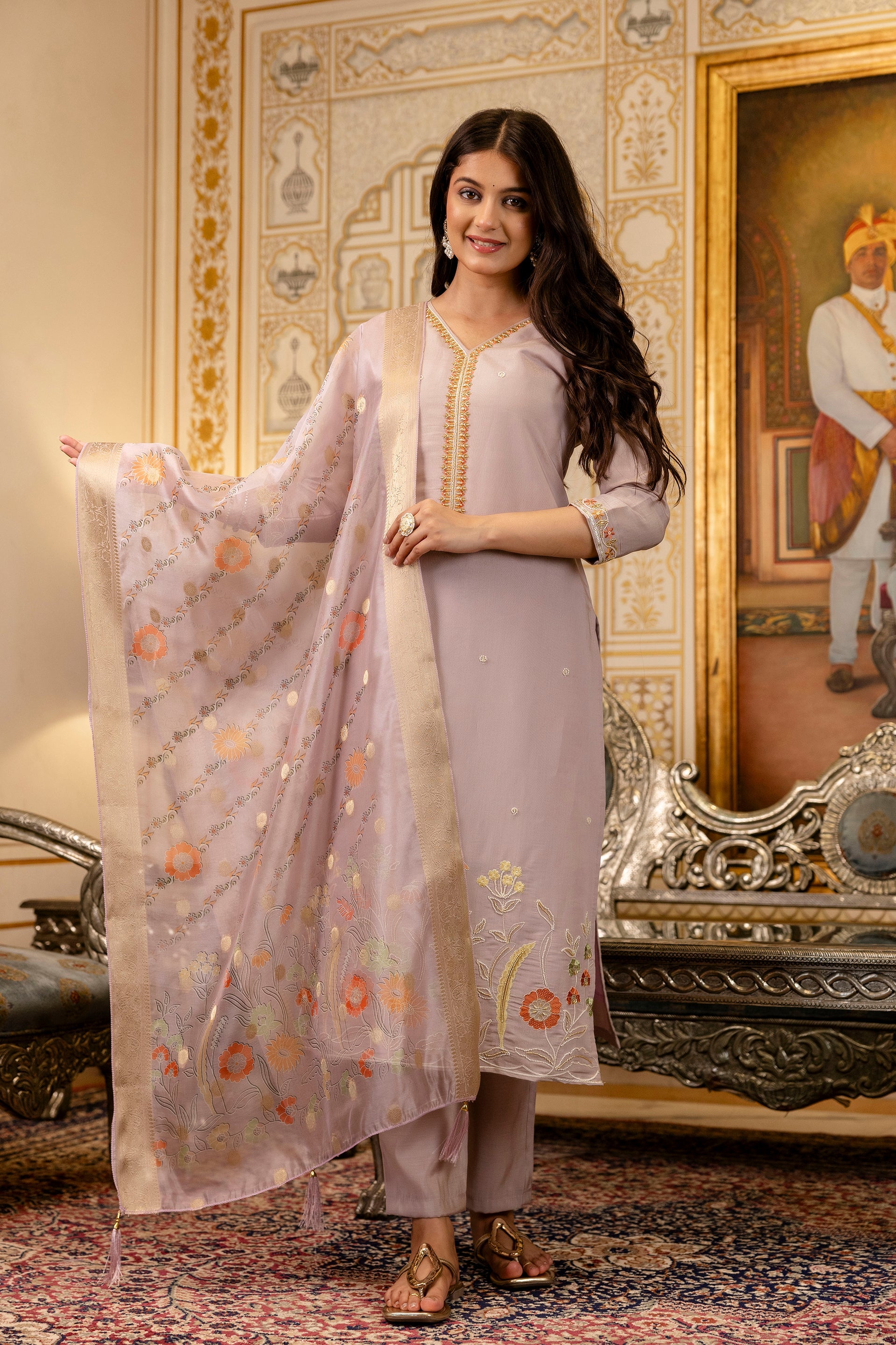 Sonakshi Women's Lavender Viscose Shimmer Embroidered Kurta Set with Dupatta