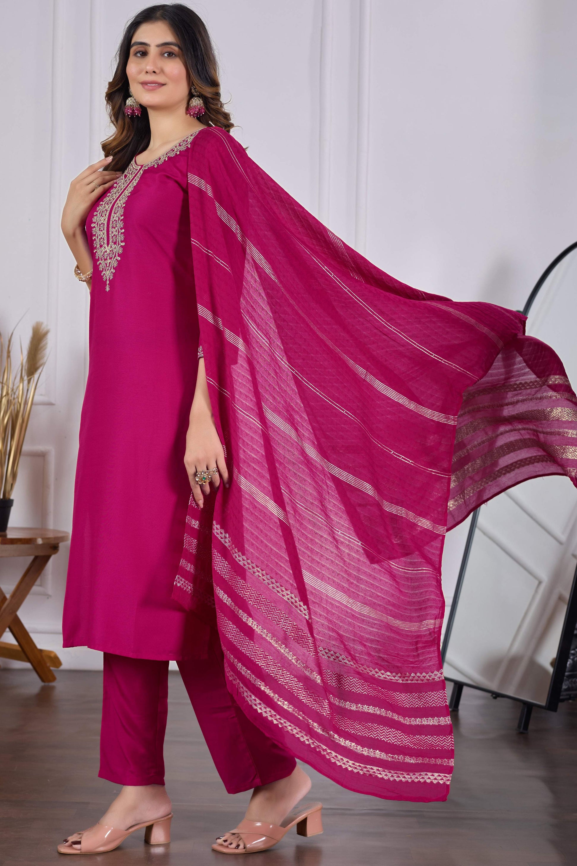 Sonakshi Women's Rani Pink Rayon Slub Embroidered Kurta Set with Dupatta