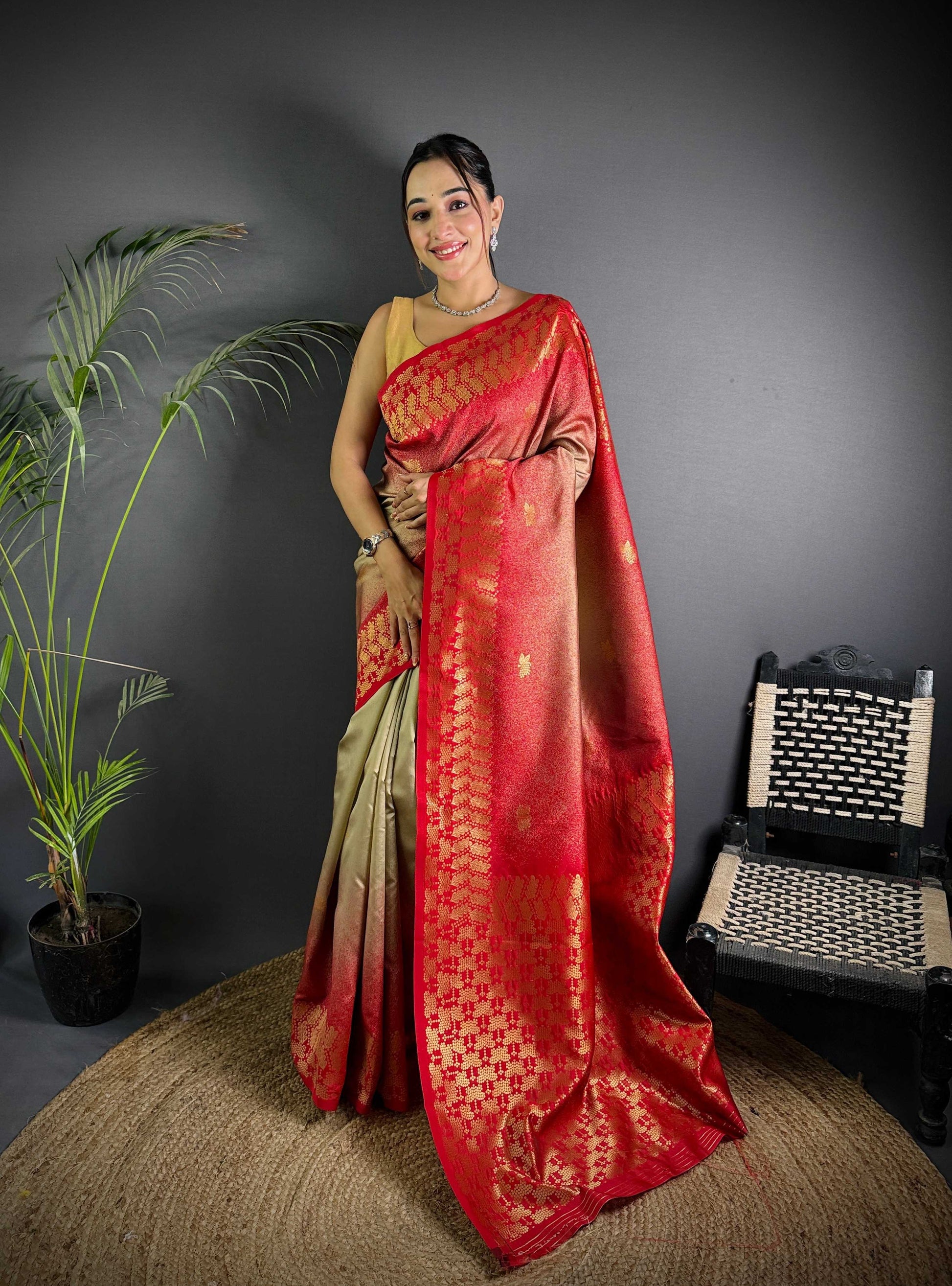 Sonakshi Women'S Biscuit Ikkat Silk Zari Woven Traditional Saree With Blouse
