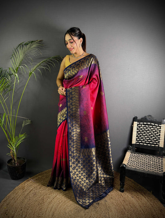 Sonakshi Women'S Pink Ikkat Silk Zari Woven Traditional Saree With Blouse
