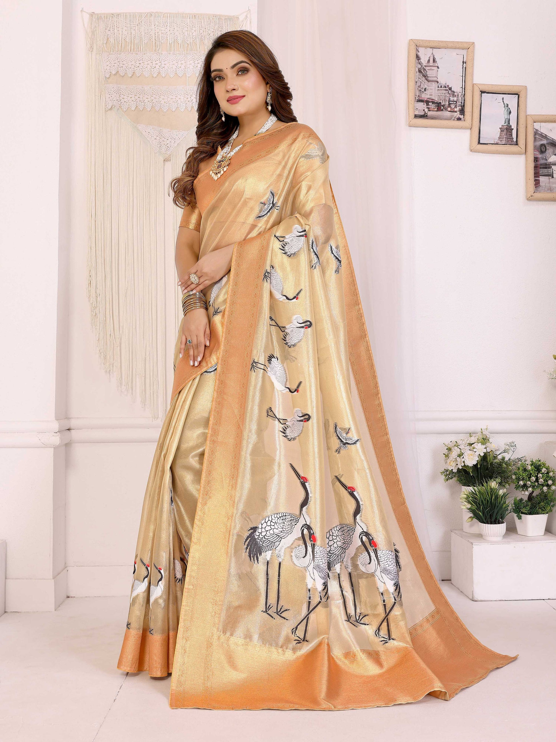 Sonakshi Women'S Chandan Premium Tissue Silk Copper-Gold Border Traditional Saree With Blouse