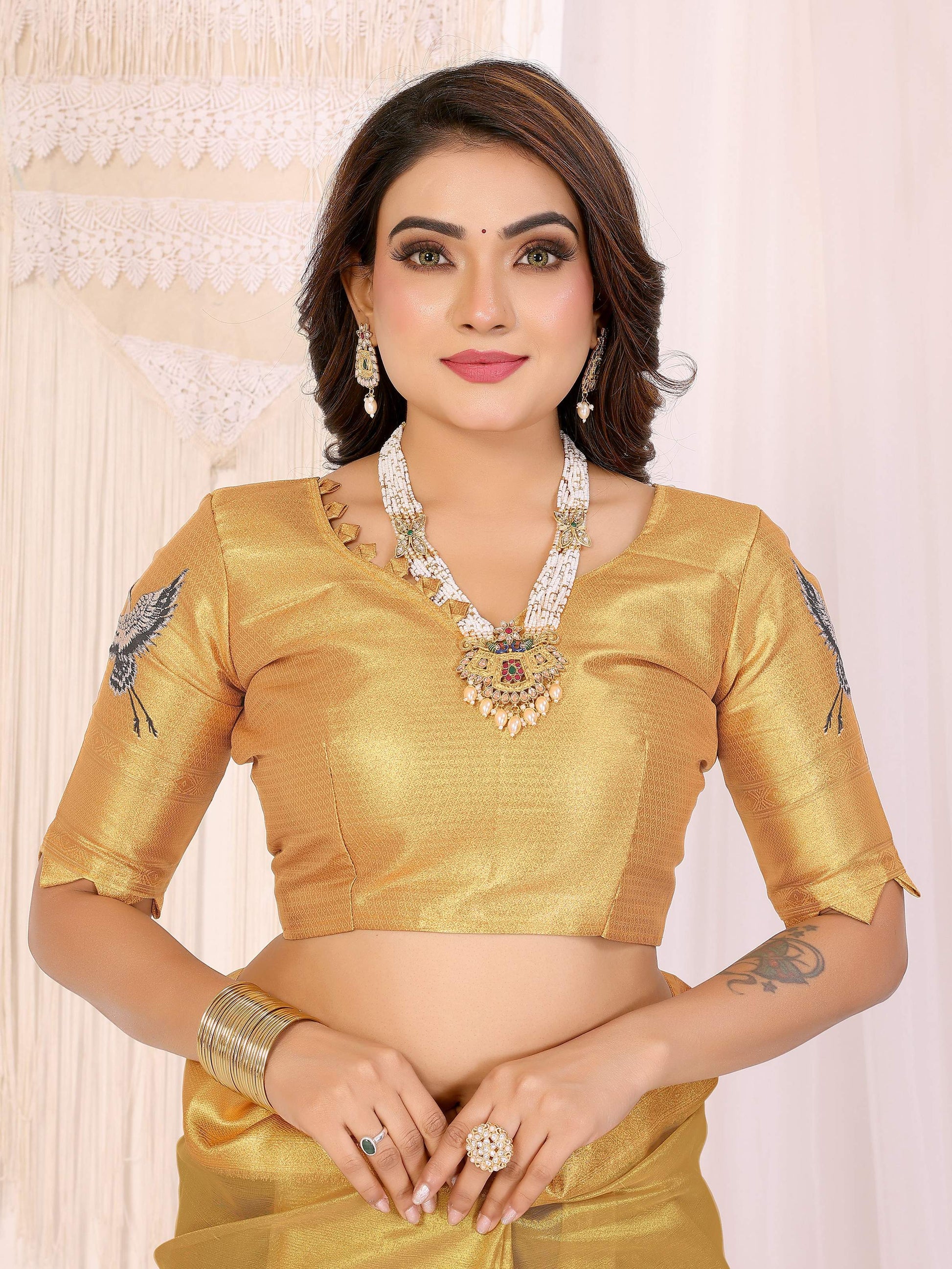 Sonakshi Women'S Gold Premium Tissue Silk Copper-Gold Border Traditional Saree With Blouse