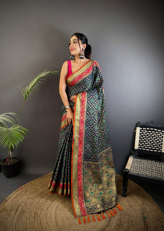 Sonakshi Women'S Black Banarasi Soft Patola Silk With Meena & Zari Weaving Traditional Saree With Blouse