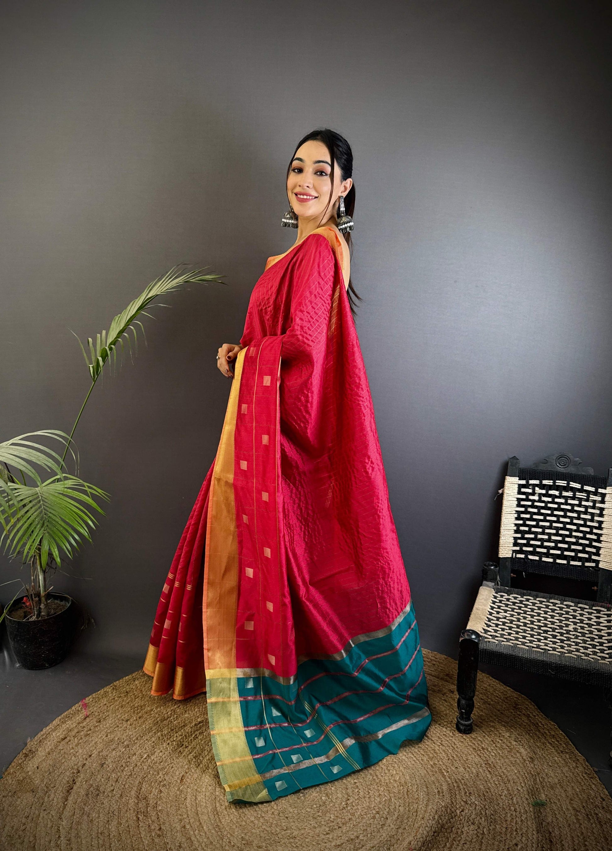 Sonakshi Women's Rani Pink Soft Cotton Silk Golden Zari Weaving Traditional Saree with Blouse
