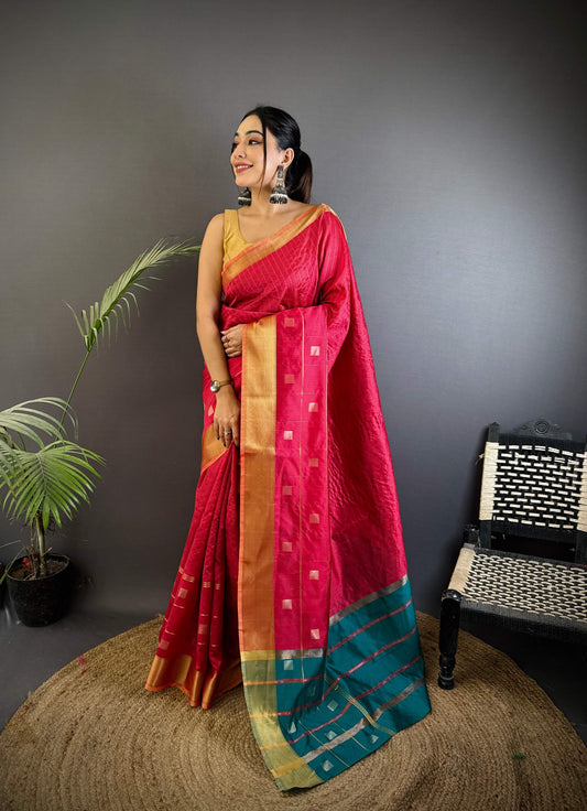 Sonakshi Women's Rani Pink Soft Cotton Silk Golden Zari Weaving Traditional Saree with Blouse